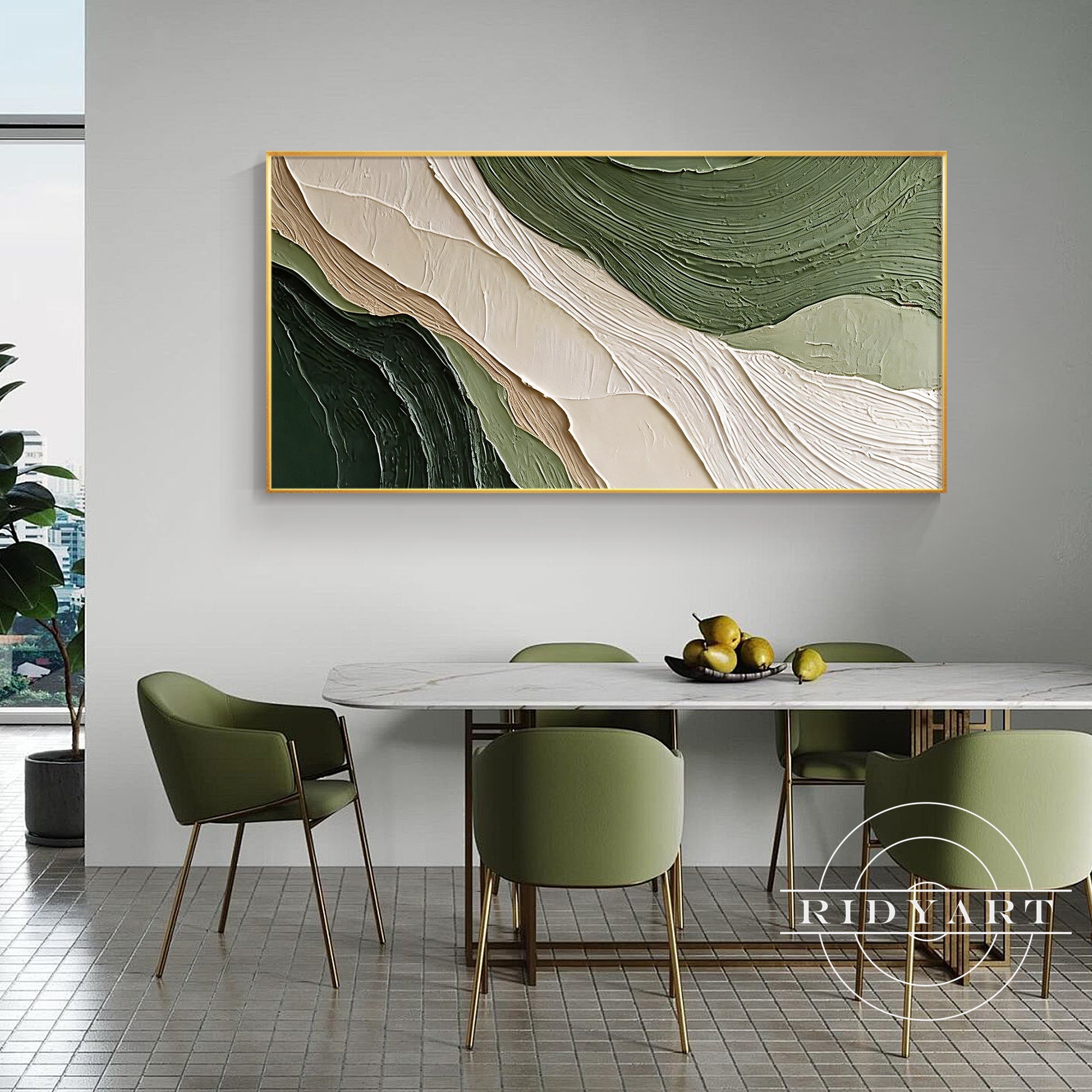 Textured green abstract artwork on white wall