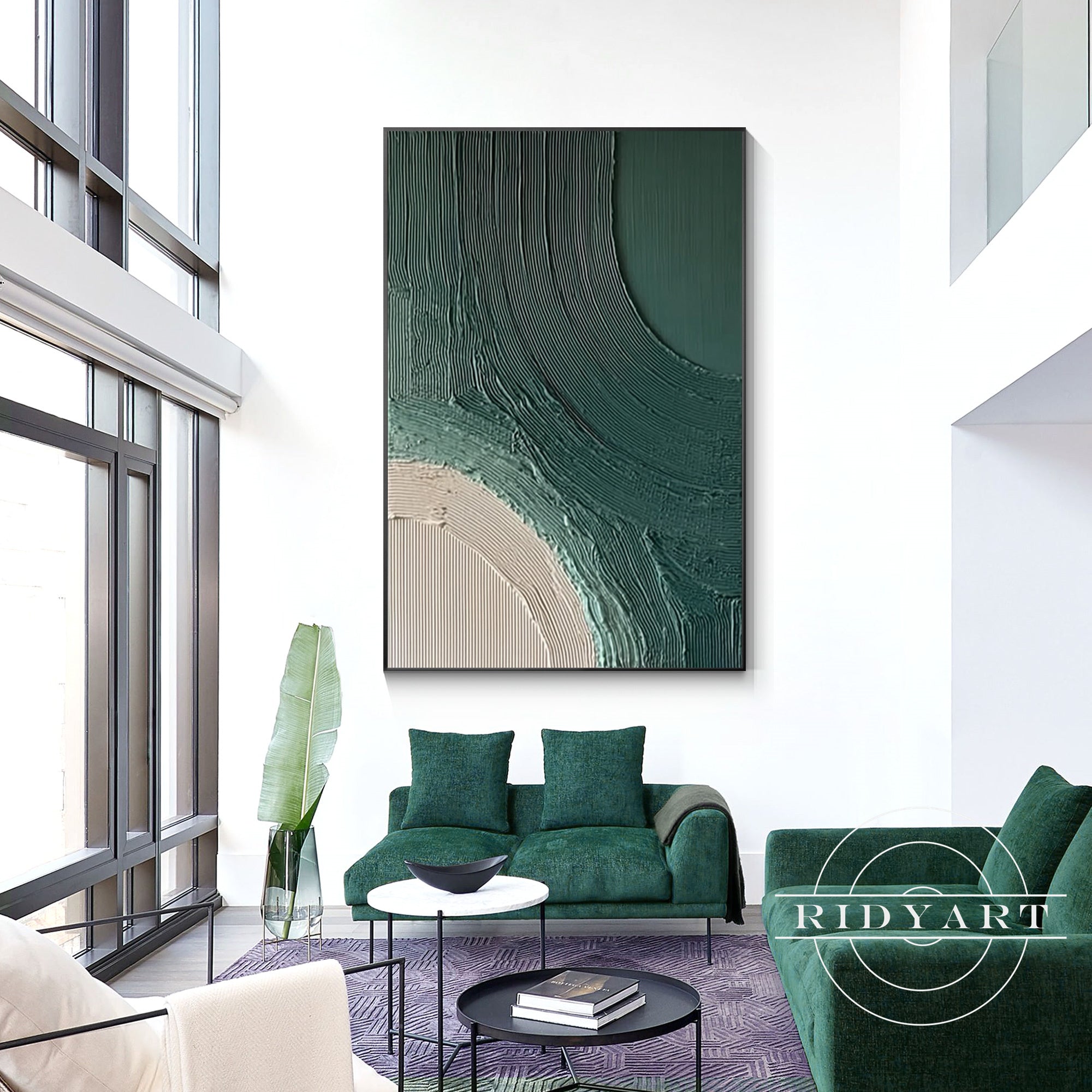 Modern minimalist green wall art with heavy texture