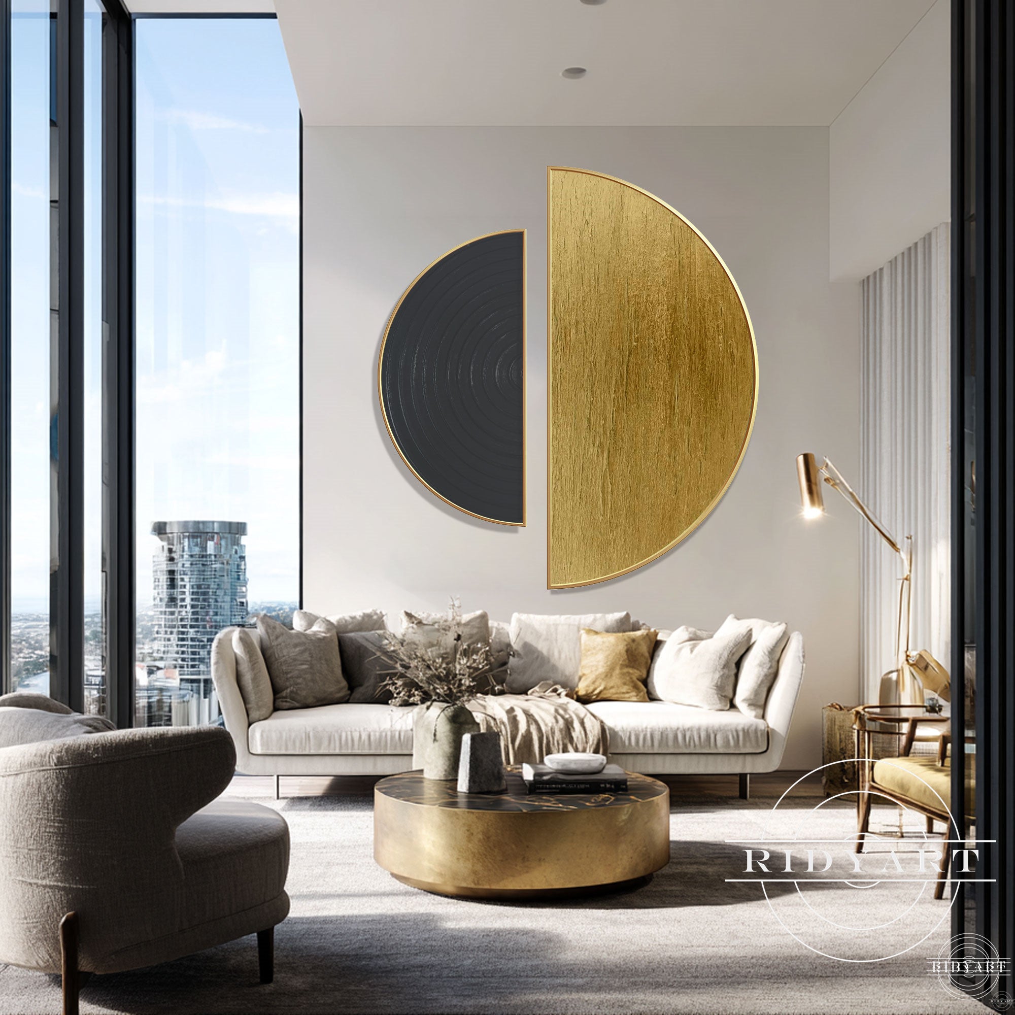 textured round wall art black gold living room decor