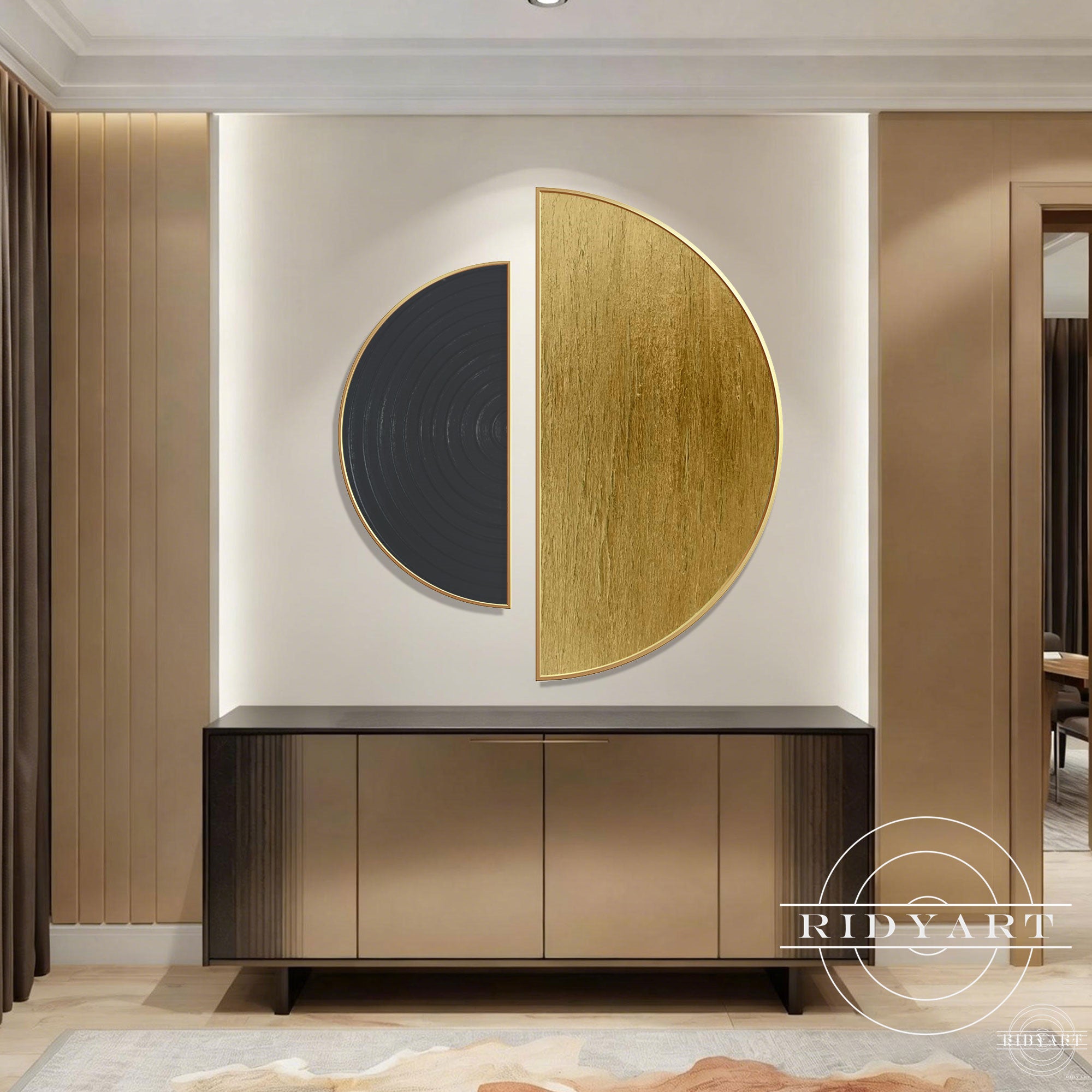 set of 2 round abstract canvas black gold framed artwork