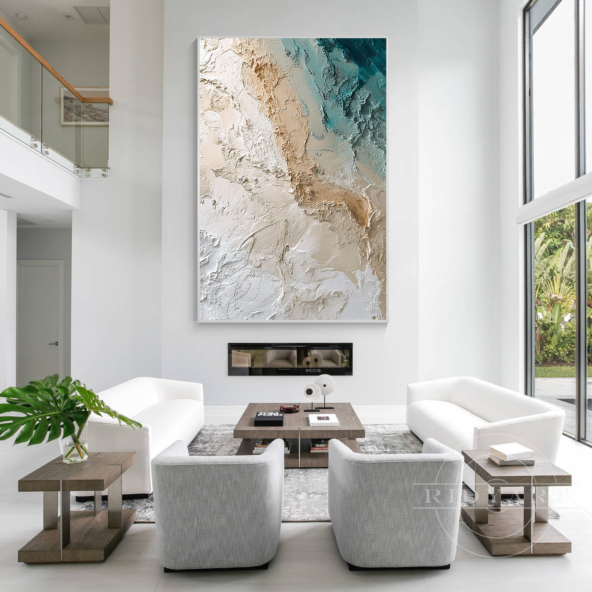 large coastal wall art teal beige abstract painting