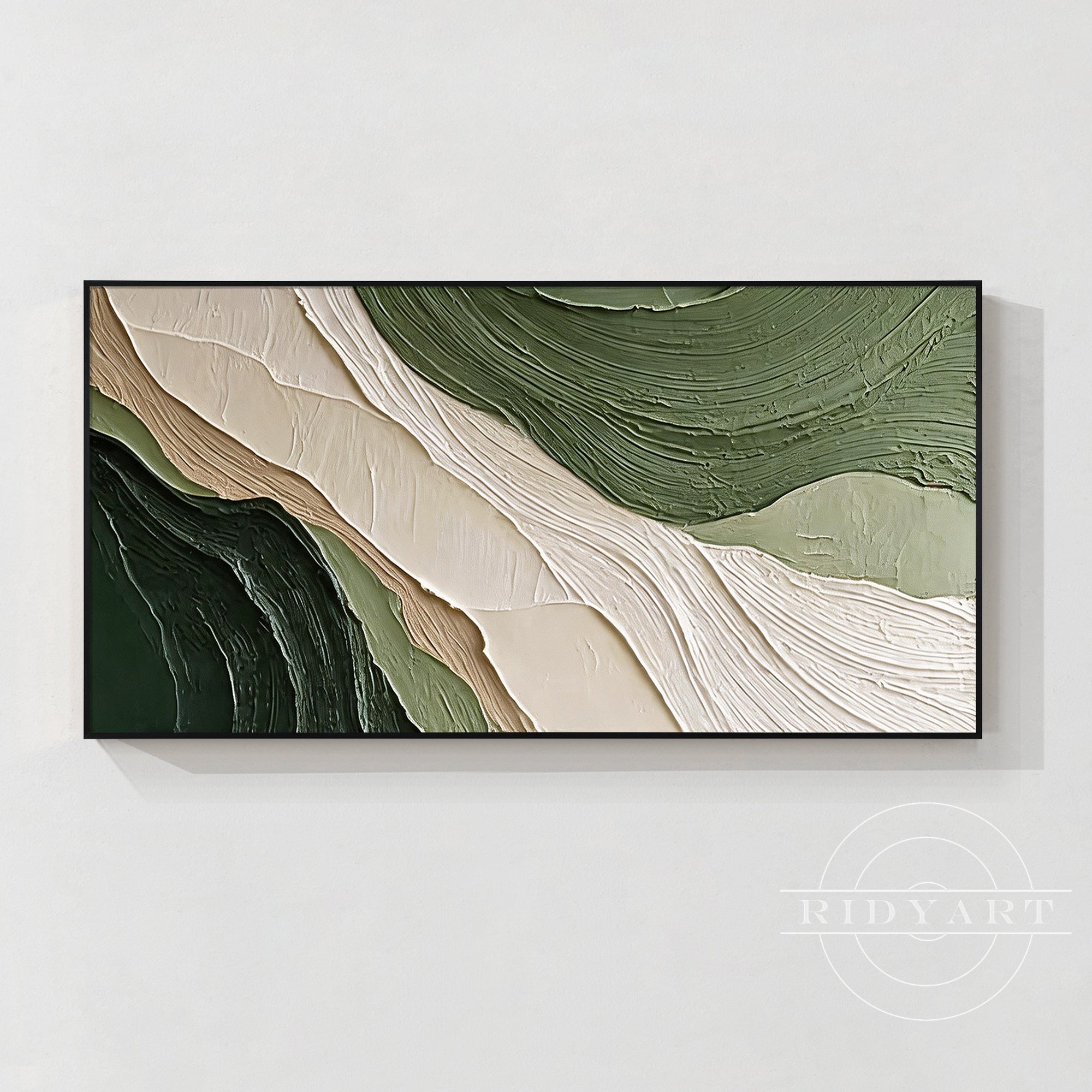 Textured green abstract artwork on white wall