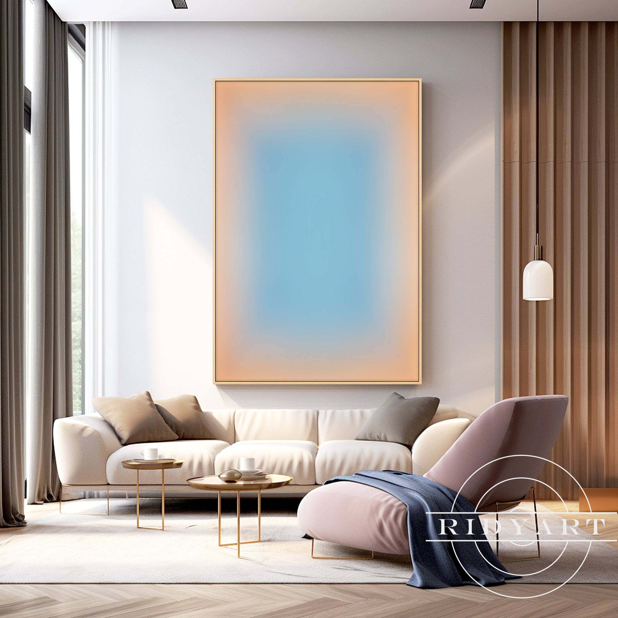 Minimalist pastel gradient artwork with blue center and peach edges