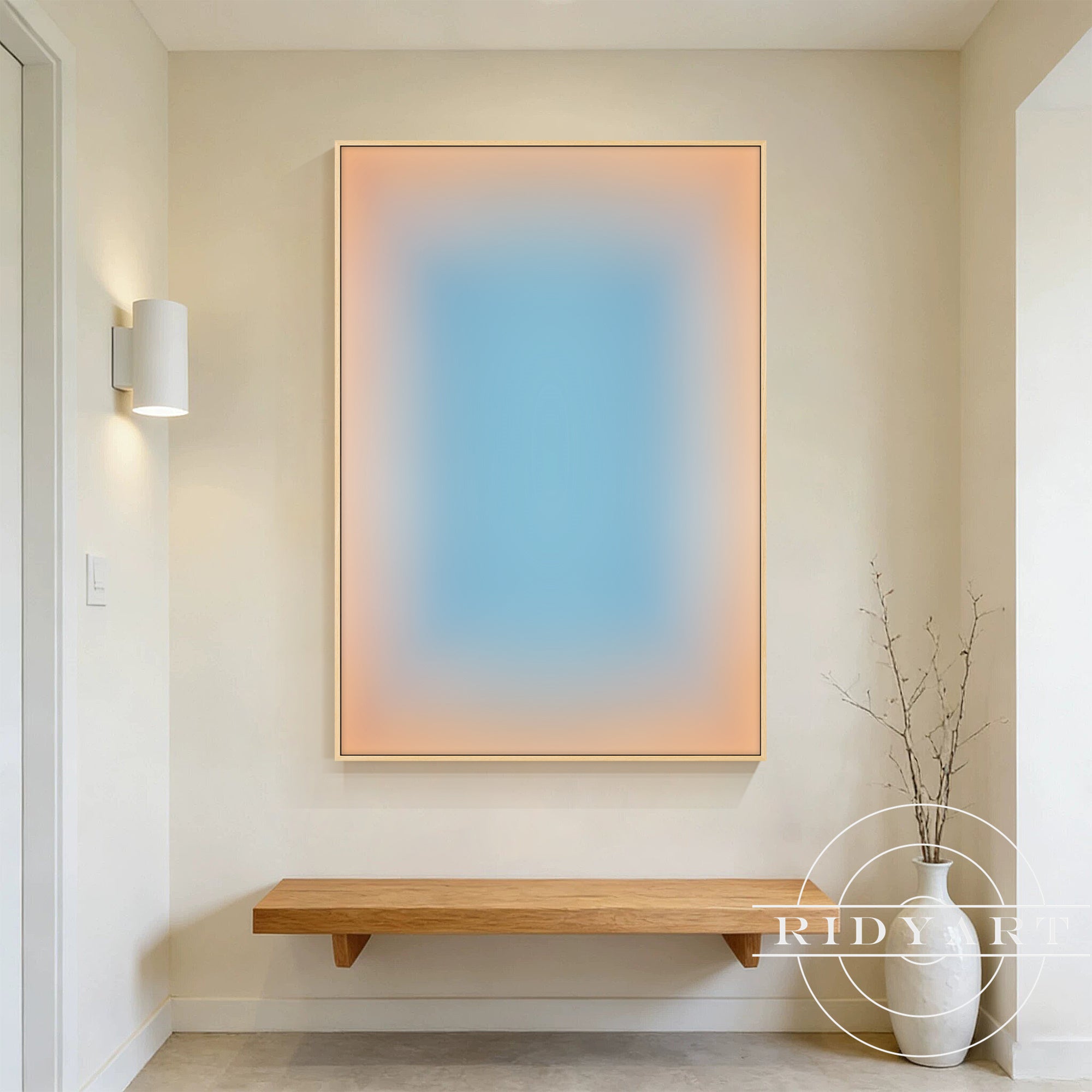 Contemporary gradient wall art with serene blue and warm peach tones