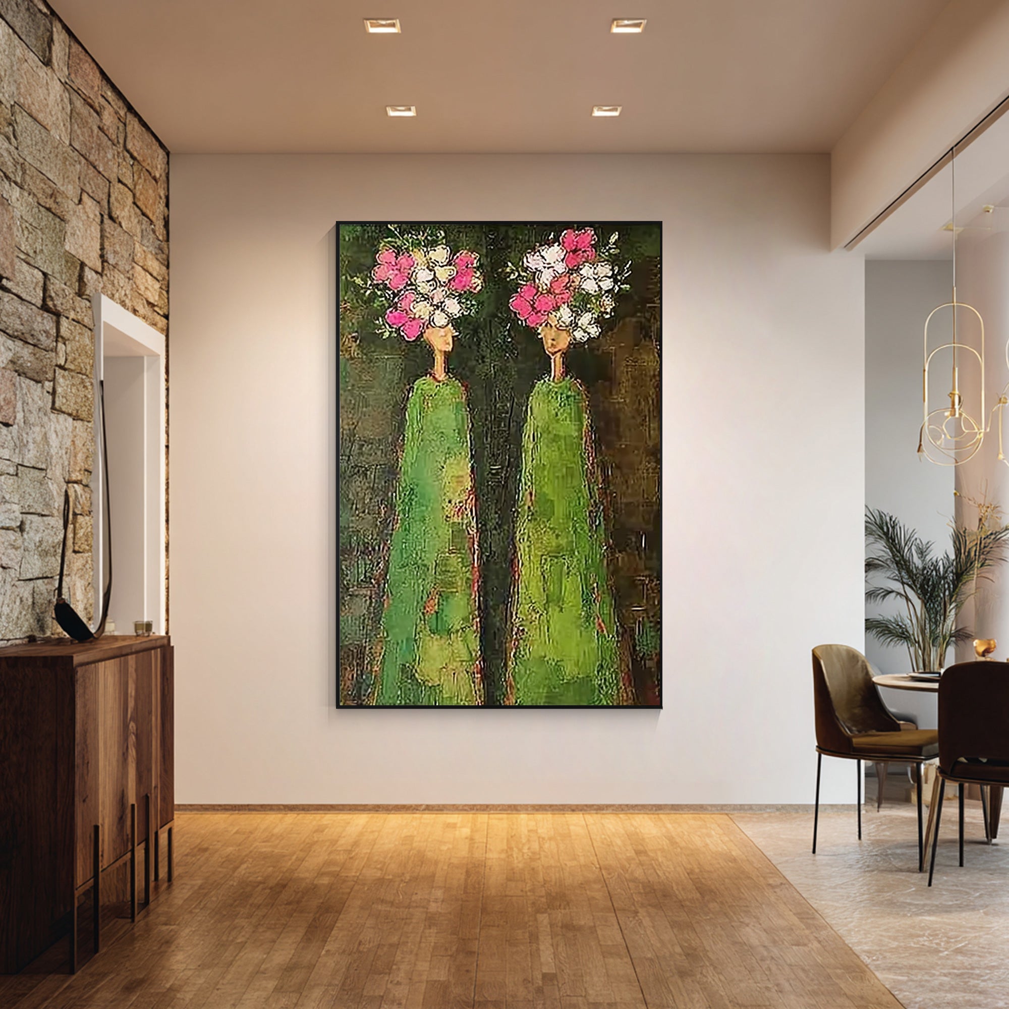 modern abstract woman floral brown green textured wall art
