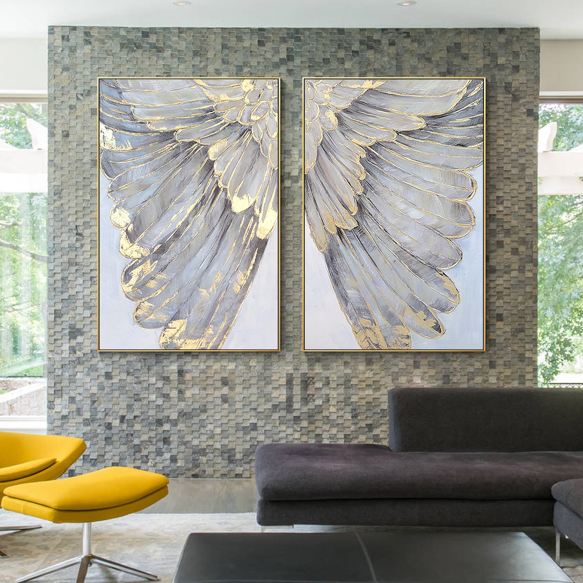 Two-panel angel wings painting