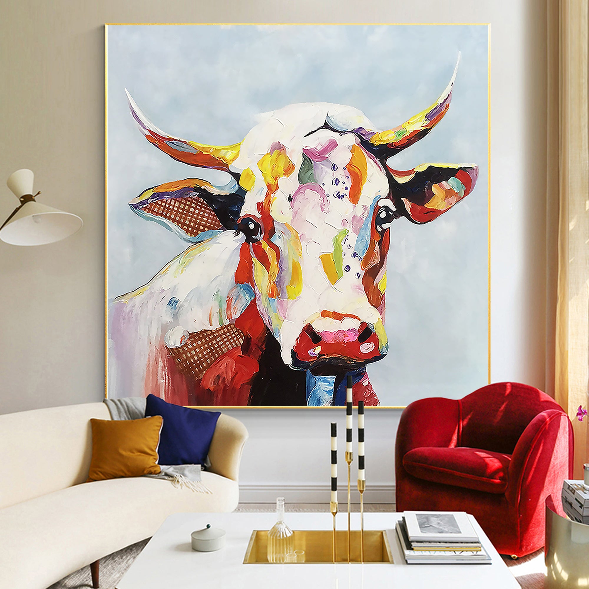 Modern Animal Colorful Cow Oil Painting