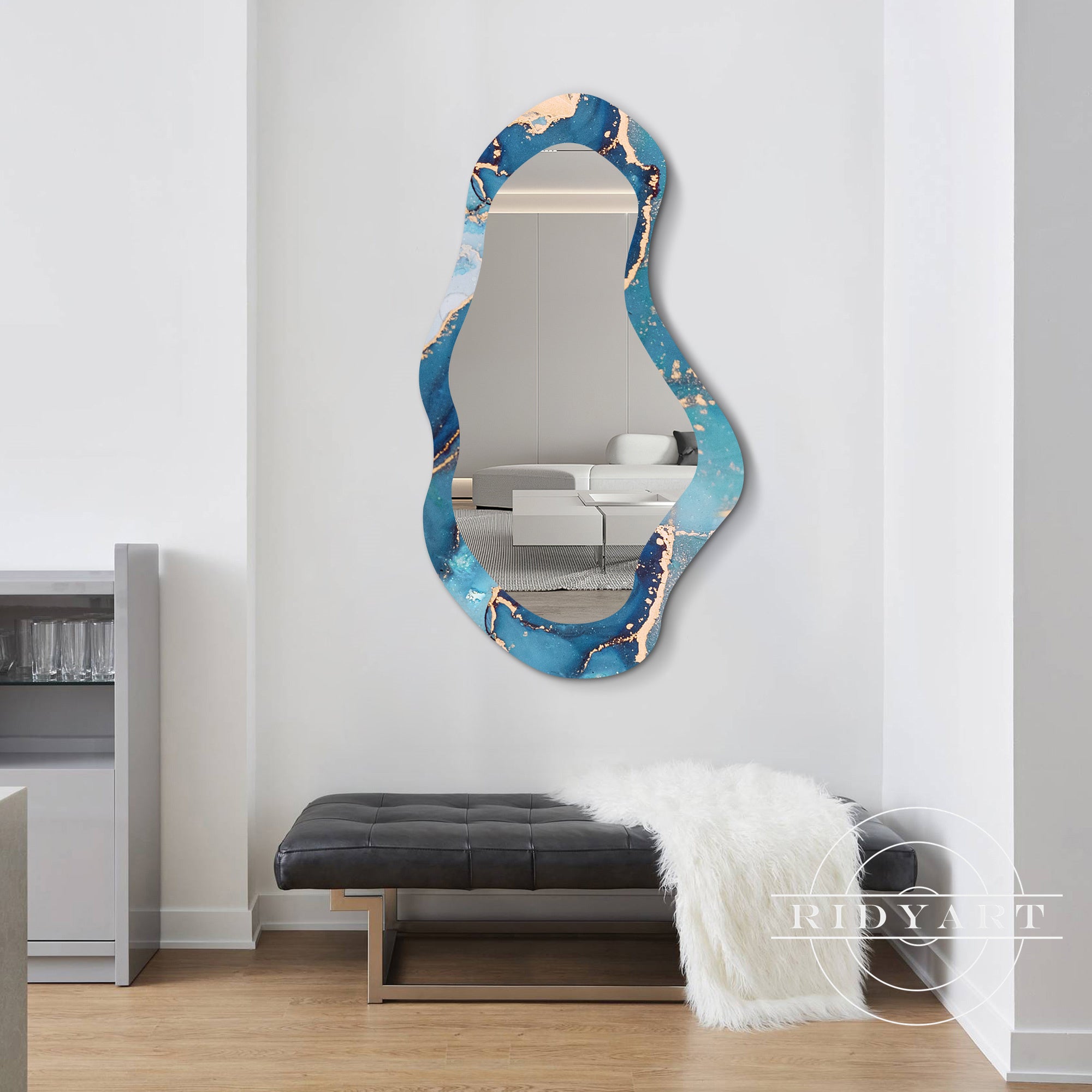 Elegant blue and gold wall mirror with modern design