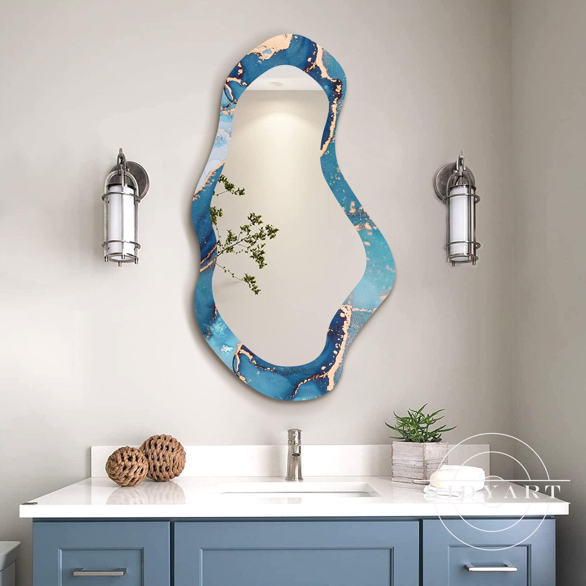 Contemporary blue and gold abstract mirror for home decor