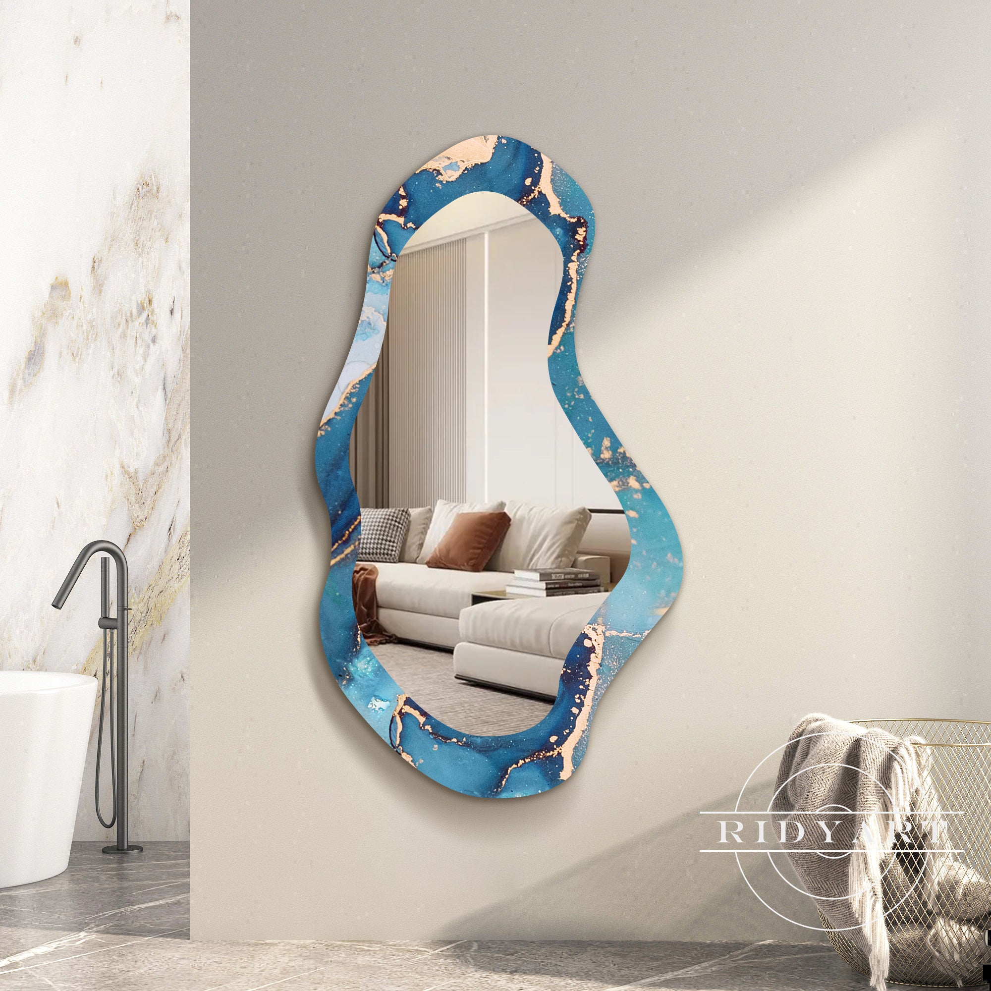 Luxurious blue and gold acrylic mirror with unique shape