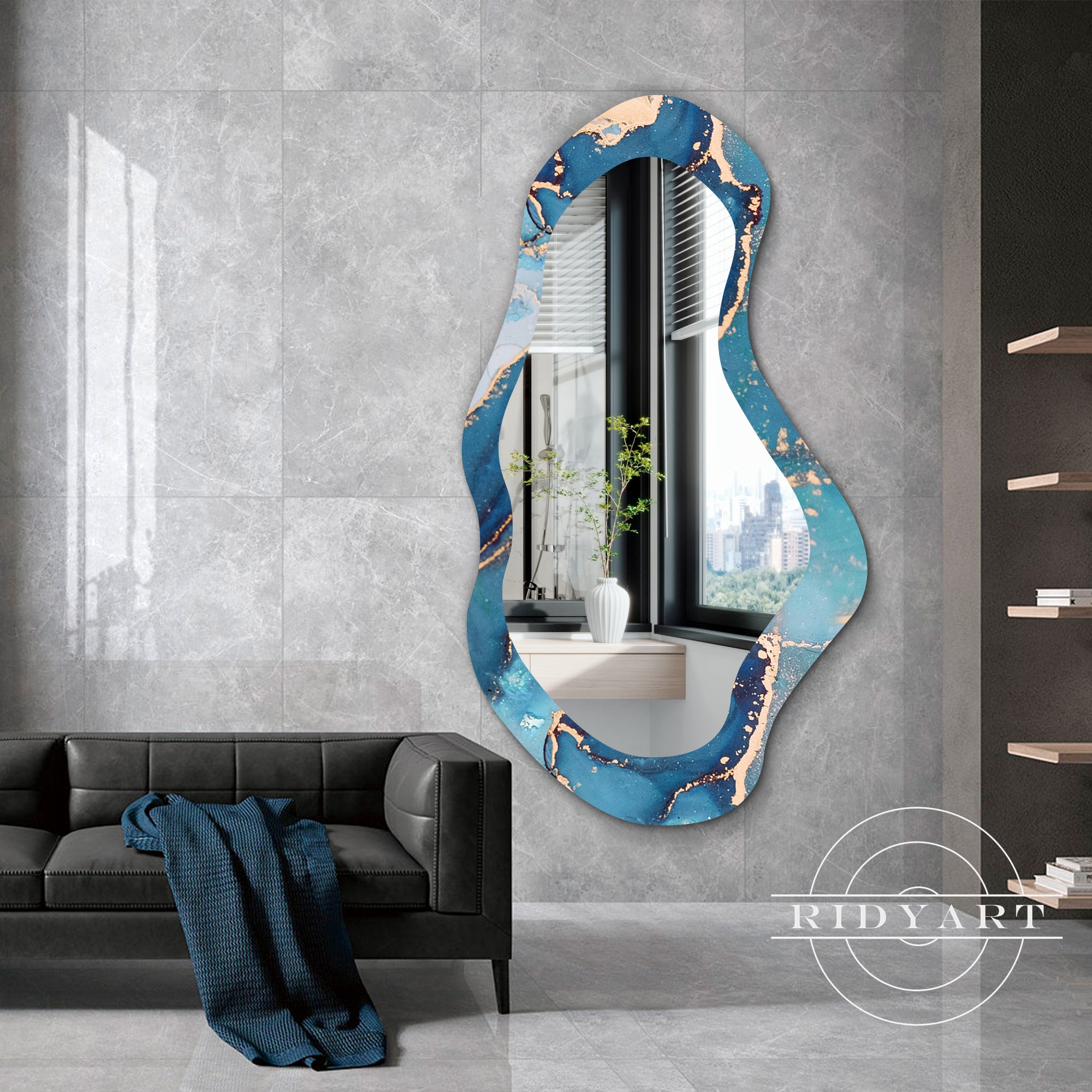 Stylish blue and gold acrylic shaped mirror for modern spaces