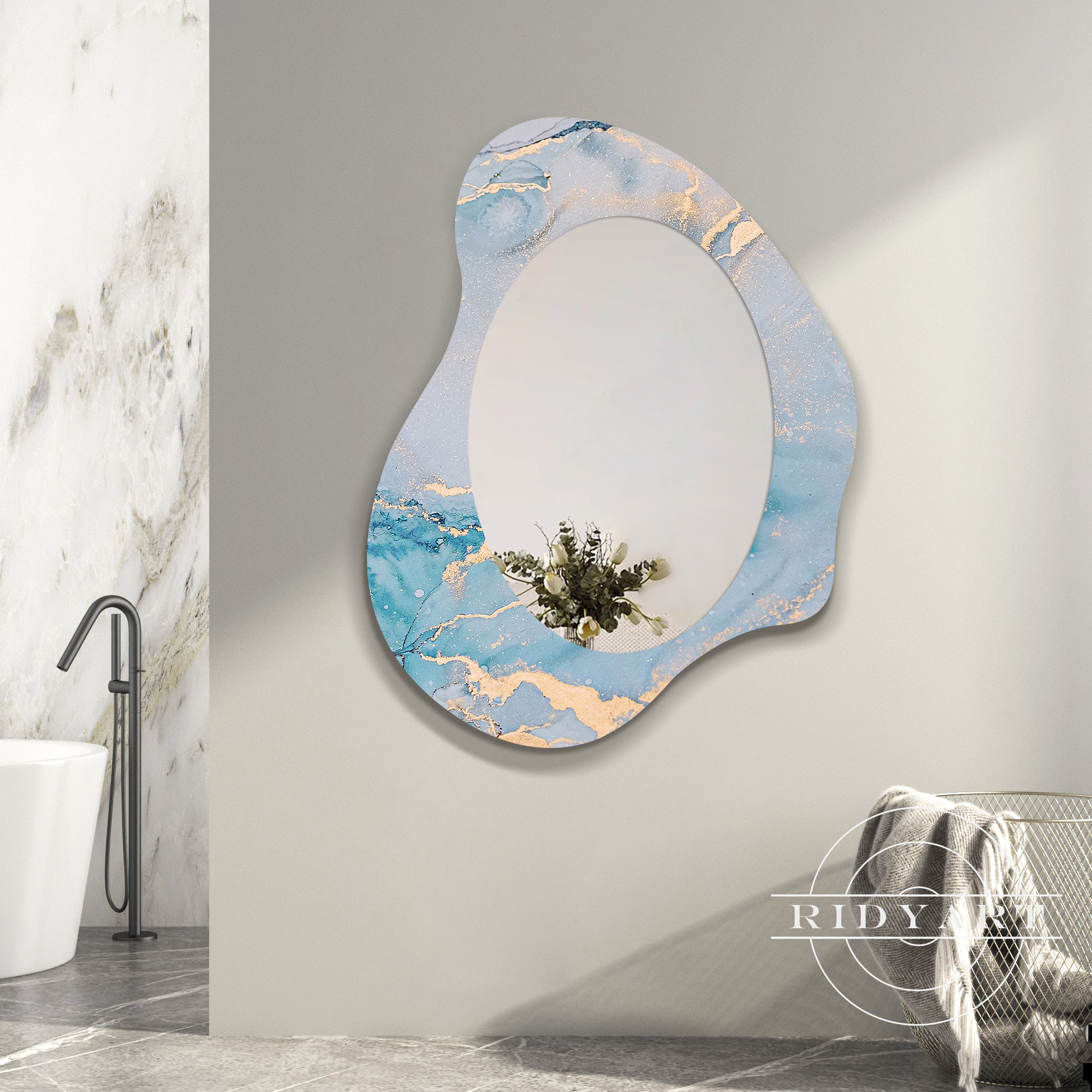 1.Blue and gold acrylic spray-painted shaped mirror
2.Elegant blue and gold wall mirror with modern design
3.Contemporary blue and gold abstract mirror for home decor
4.Luxurious blue and gold acrylic mirror with unique shape
5.Stylish blue and gold acrylic shaped mirror for modern spaces