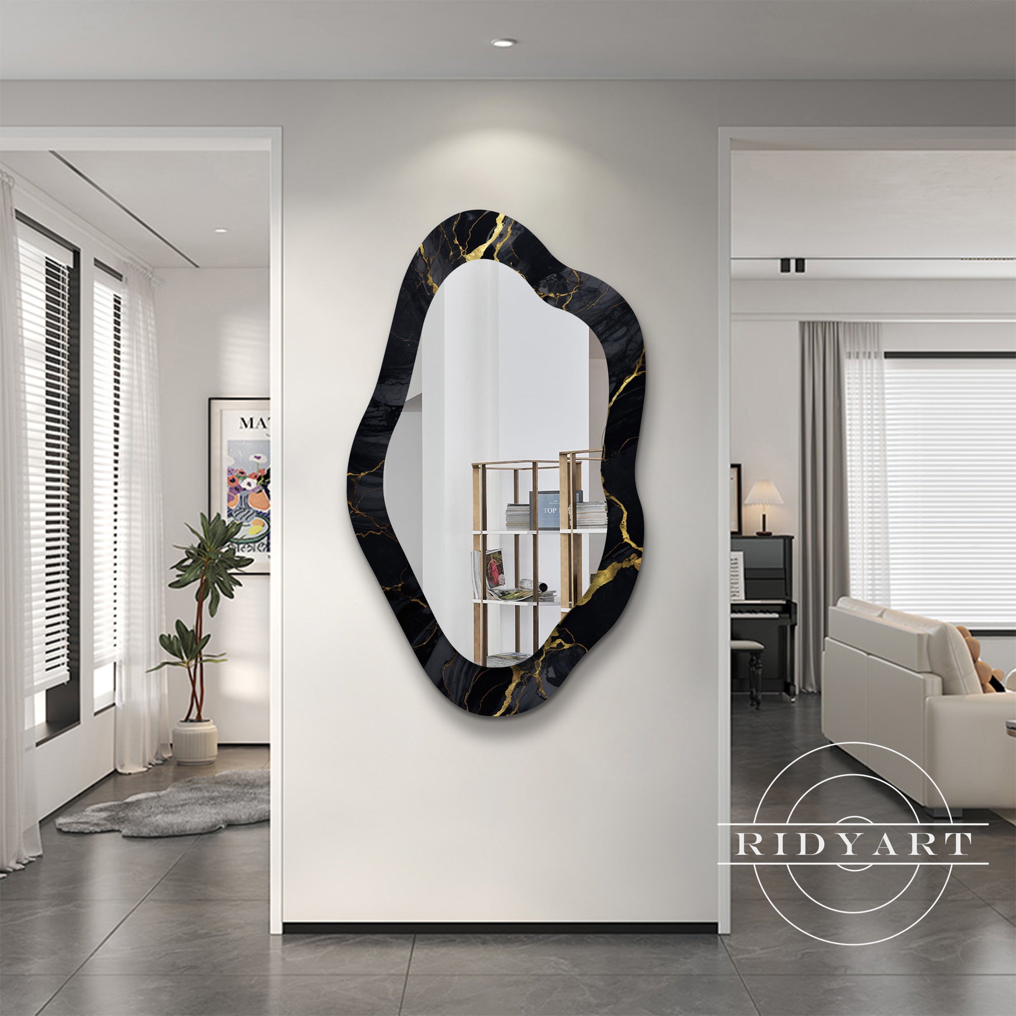 Unique acrylic mirror with black and gold design
