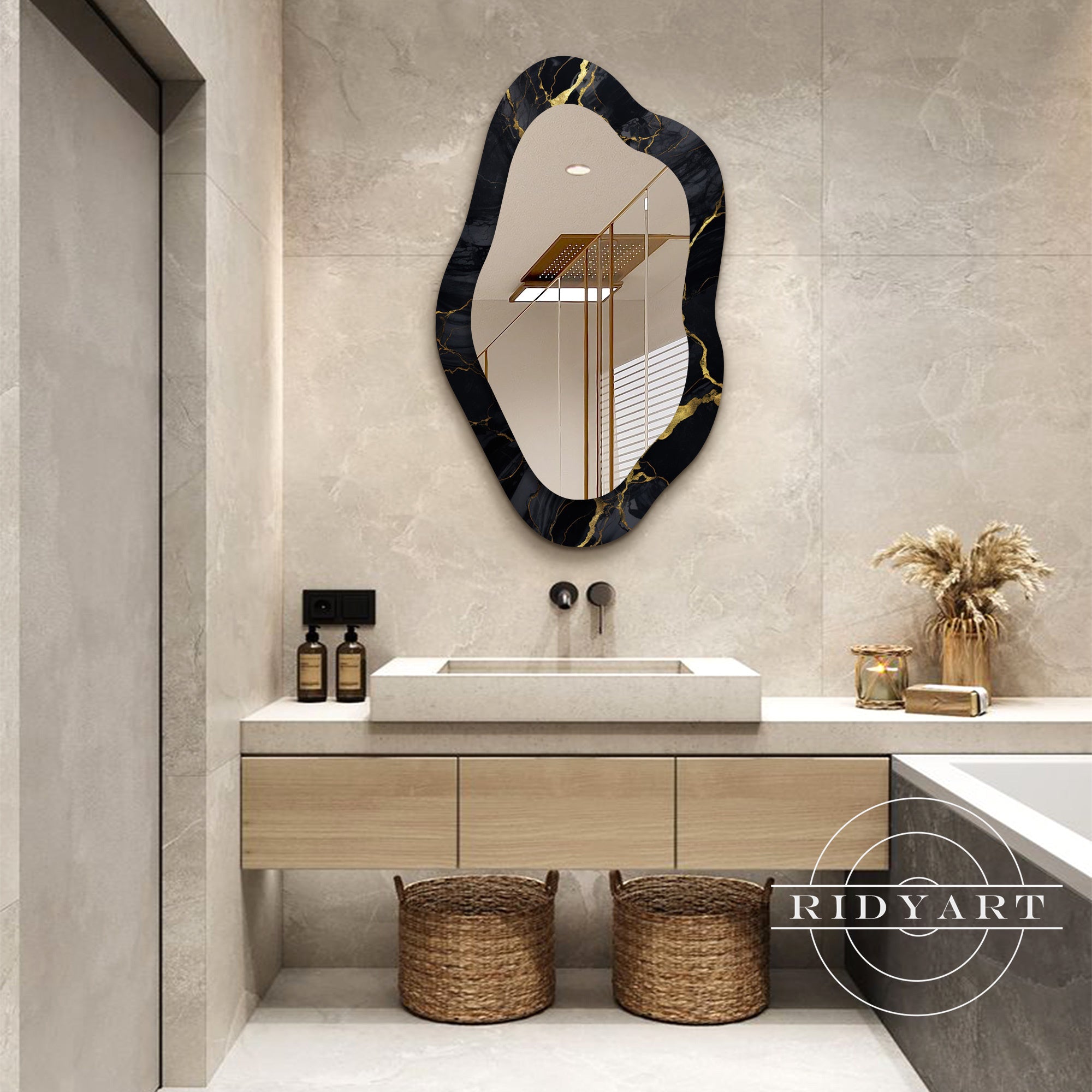 Stylish black and gold shaped wall mirror
