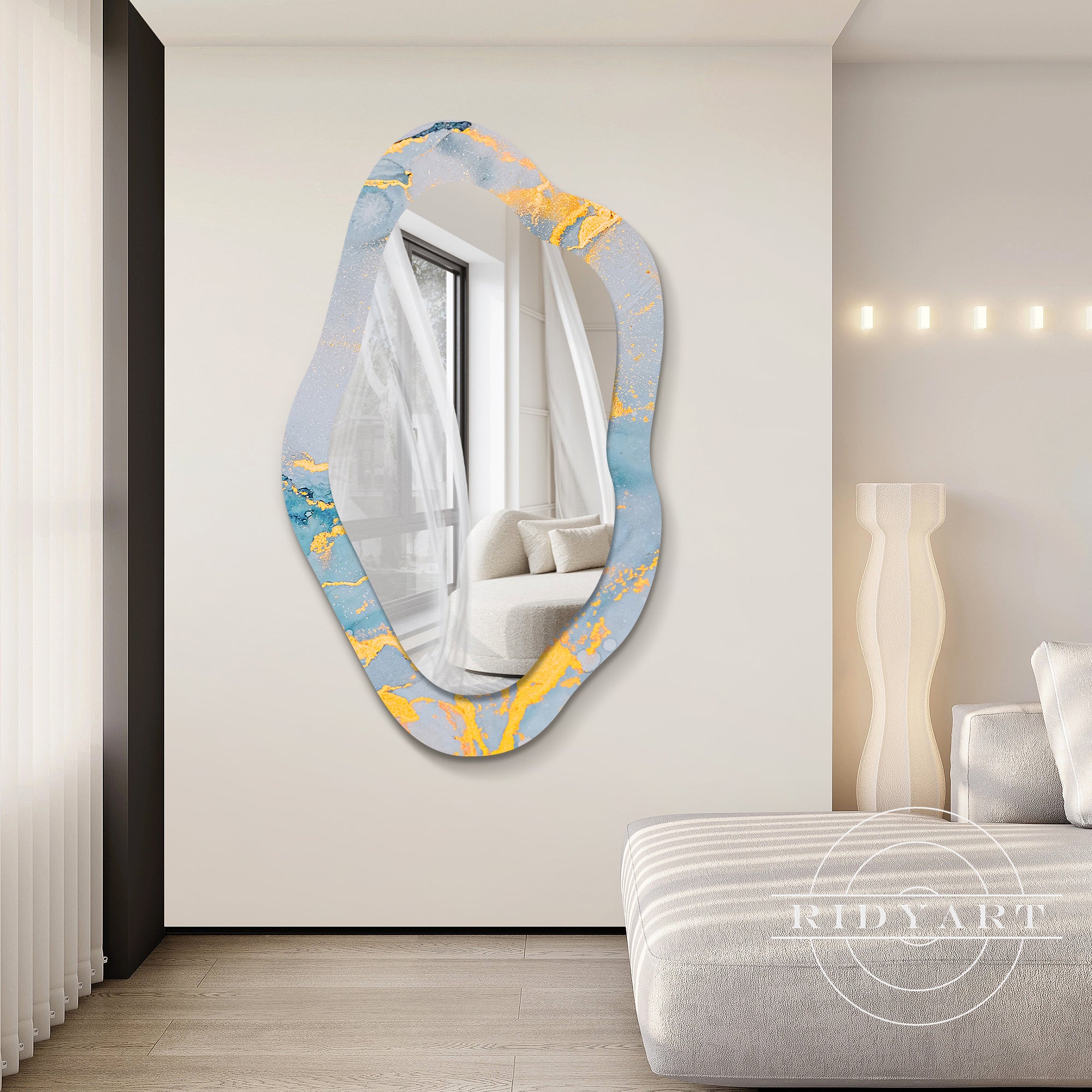 1.Light blue and gold artistic shaped mirror
2.Elegant blue and gold wall mirror for unique home beauty
3.Modern art-inspired blue and gold shaped mirror
4.Stylish light blue and gold mirror for artistic home decor
5.Beautiful light blue and gold acrylic mirror for home elegance