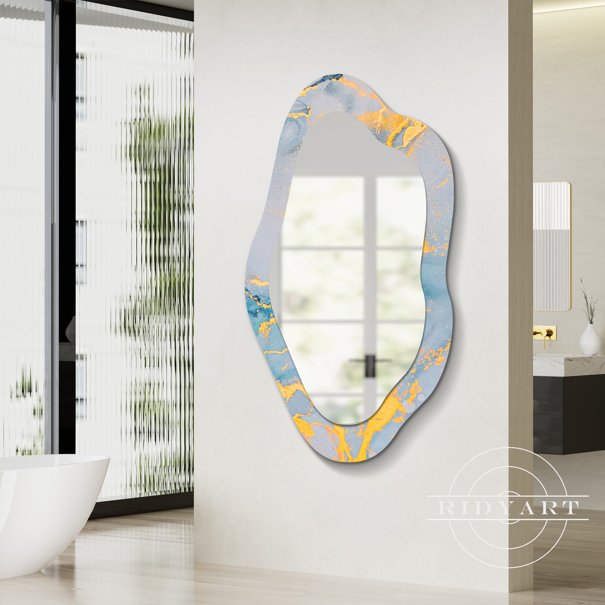 1.Light blue and gold artistic shaped mirror
2.Elegant blue and gold wall mirror for unique home beauty
3.Modern art-inspired blue and gold shaped mirror
4.Stylish light blue and gold mirror for artistic home decor
5.Beautiful light blue and gold acrylic mirror for home elegance