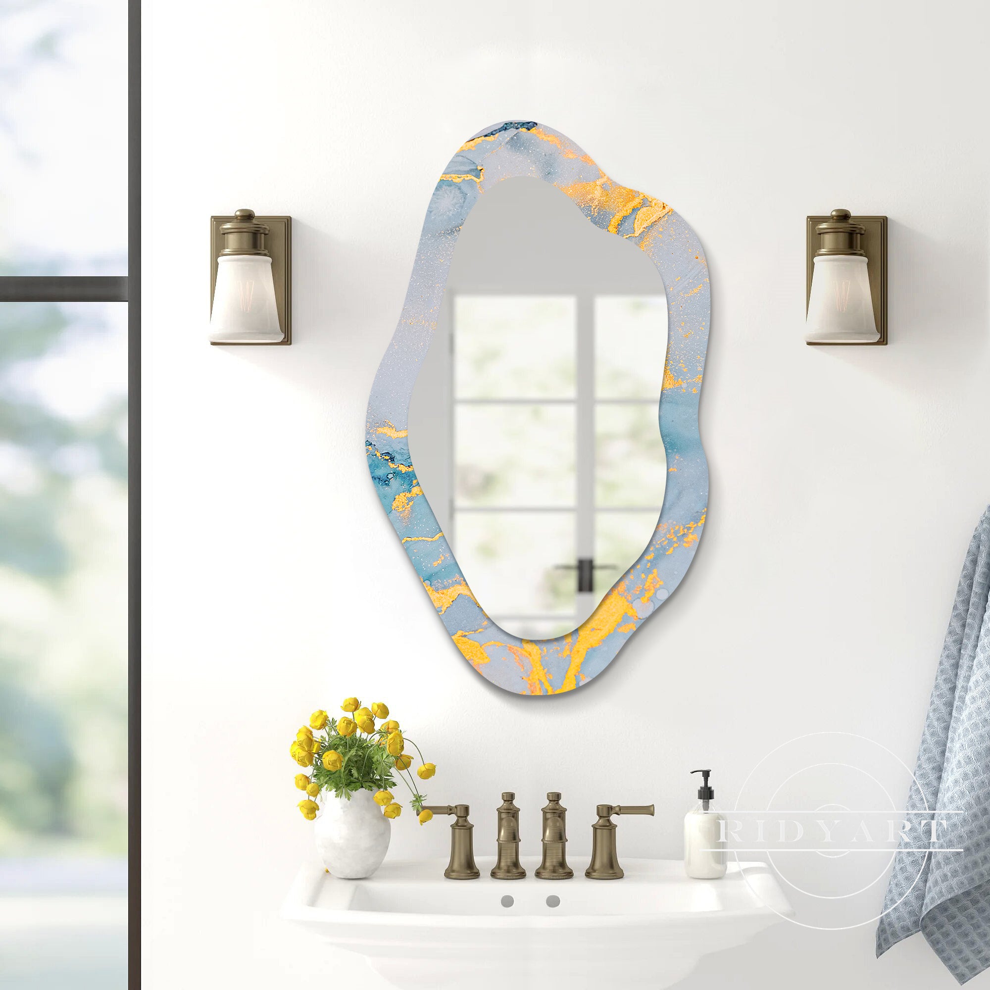 1.Light blue and gold artistic shaped mirror
2.Elegant blue and gold wall mirror for unique home beauty
3.Modern art-inspired blue and gold shaped mirror
4.Stylish light blue and gold mirror for artistic home decor
5.Beautiful light blue and gold acrylic mirror for home elegance