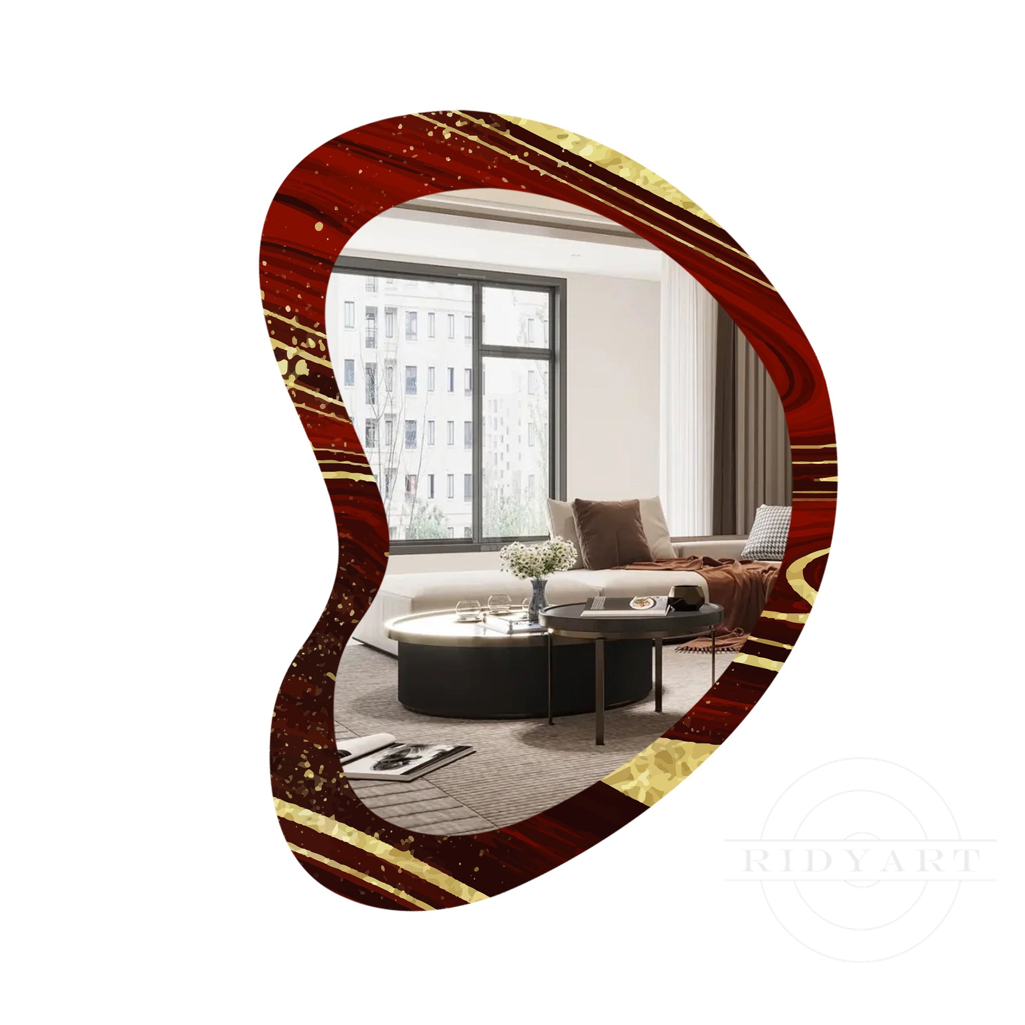 1.Burgundy red and gold spray-painted shaped mirror for vanity
2.Elegant burgundy and gold wall mirror for bathrooms
3.Luxury red and gold acrylic mirror for home entryway
4.Modern burgundy red and gold mirror for makeup and dressing rooms
5.Stylish burgundy red and gold shaped mirror for washstands and decor