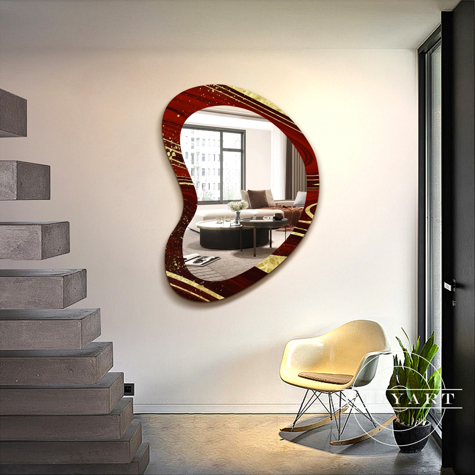 1.Burgundy red and gold spray-painted shaped mirror for vanity
2.Elegant burgundy and gold wall mirror for bathrooms
3.Luxury red and gold acrylic mirror for home entryway
4.Modern burgundy red and gold mirror for makeup and dressing rooms
5.Stylish burgundy red and gold shaped mirror for washstands and decor