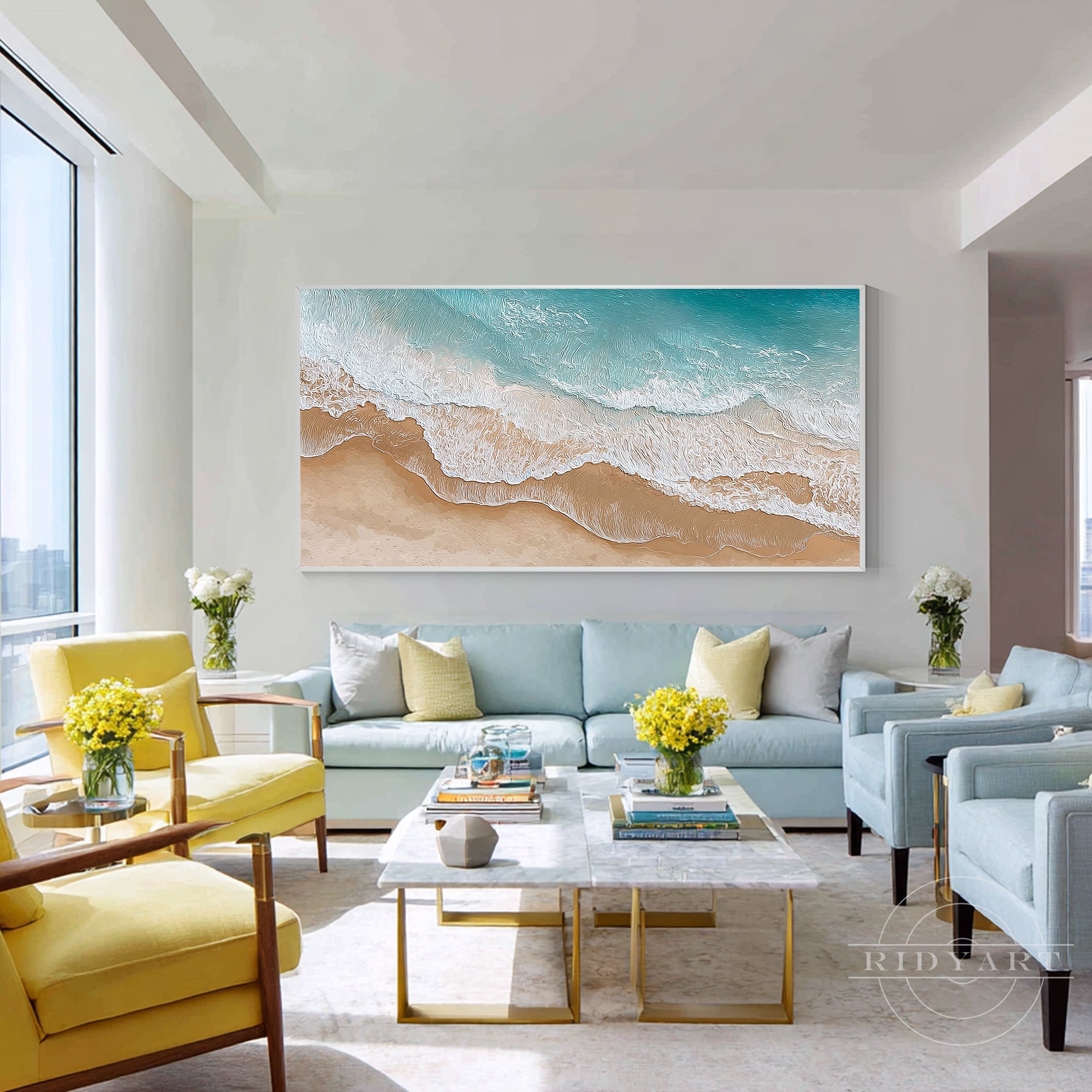 teal blue beige ocean textured horizontal wall art