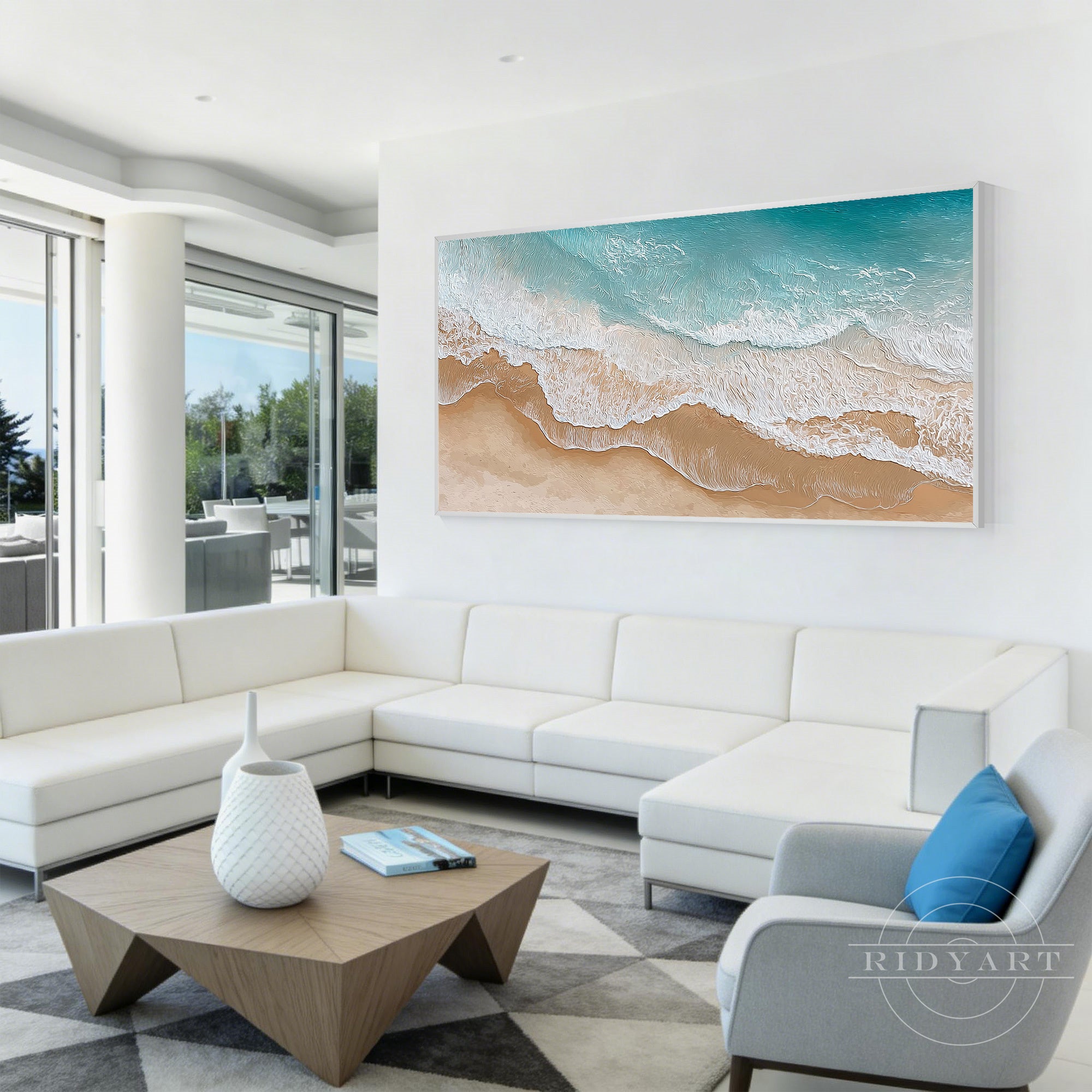 abstract coastal canvas teal beige living room decor