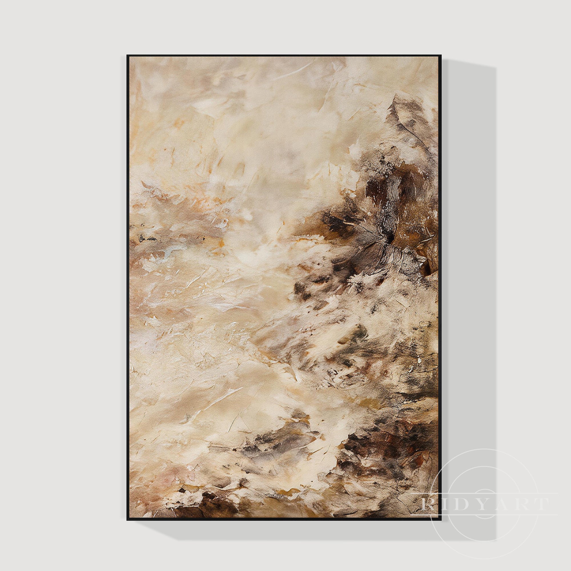 A minimalist black-framed vertical abstract canvas artwork with organic marble-like plaster texture.