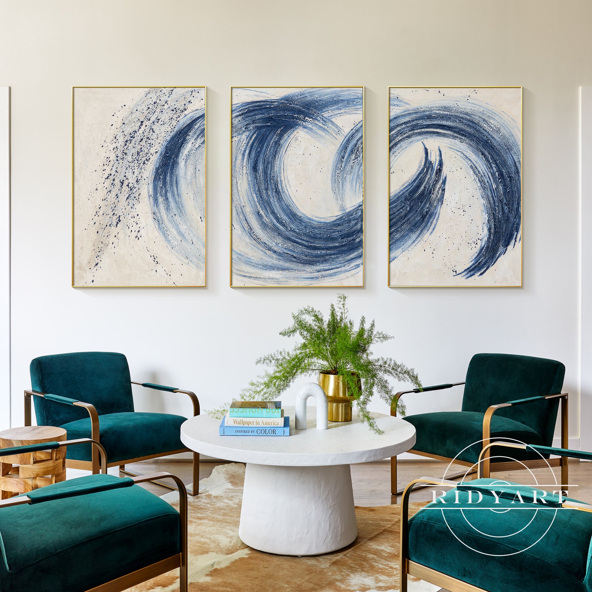 Blue textured triptych abstract painting