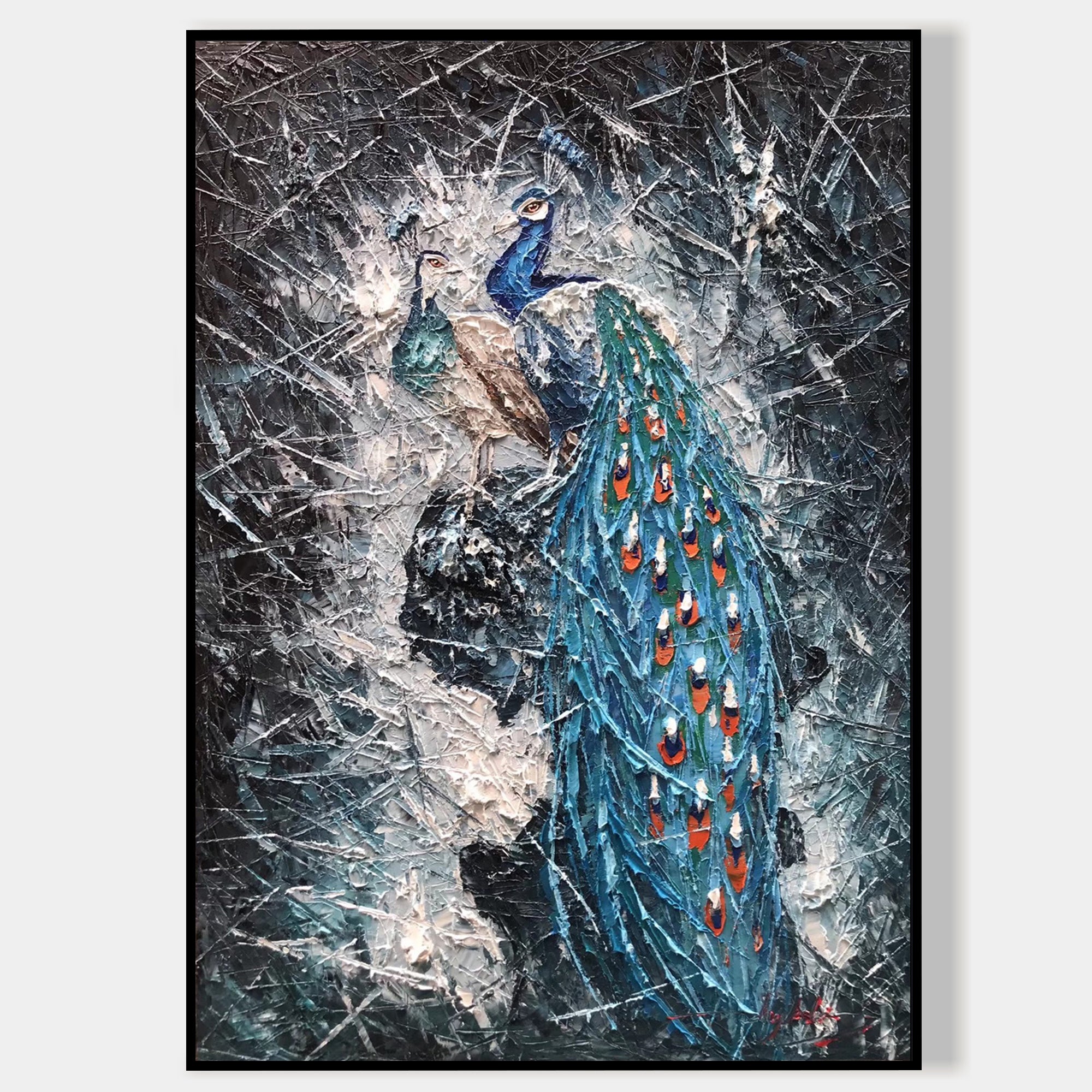 Blue Peacock Couple Painting on Canvas Original