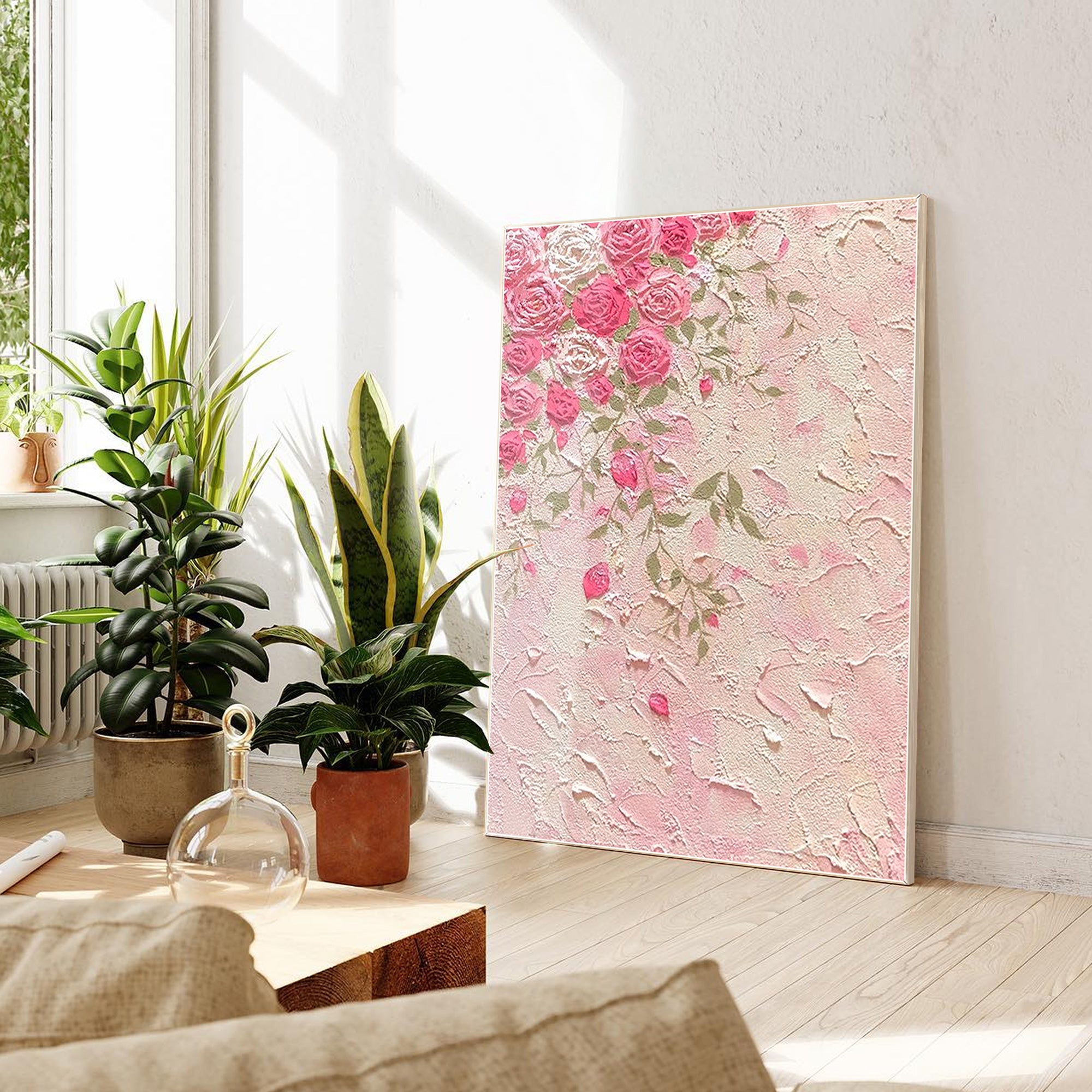 Charming Pink Floral Oil Painting on Canvas