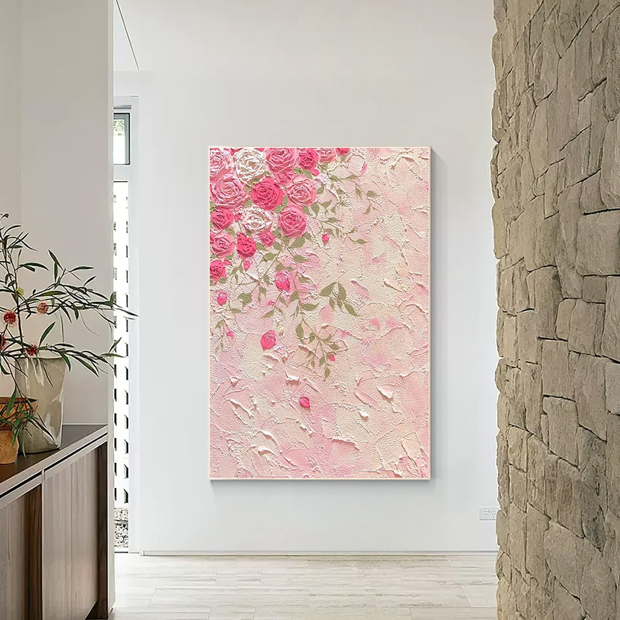 Charming Pink Floral Oil Painting on Canvas