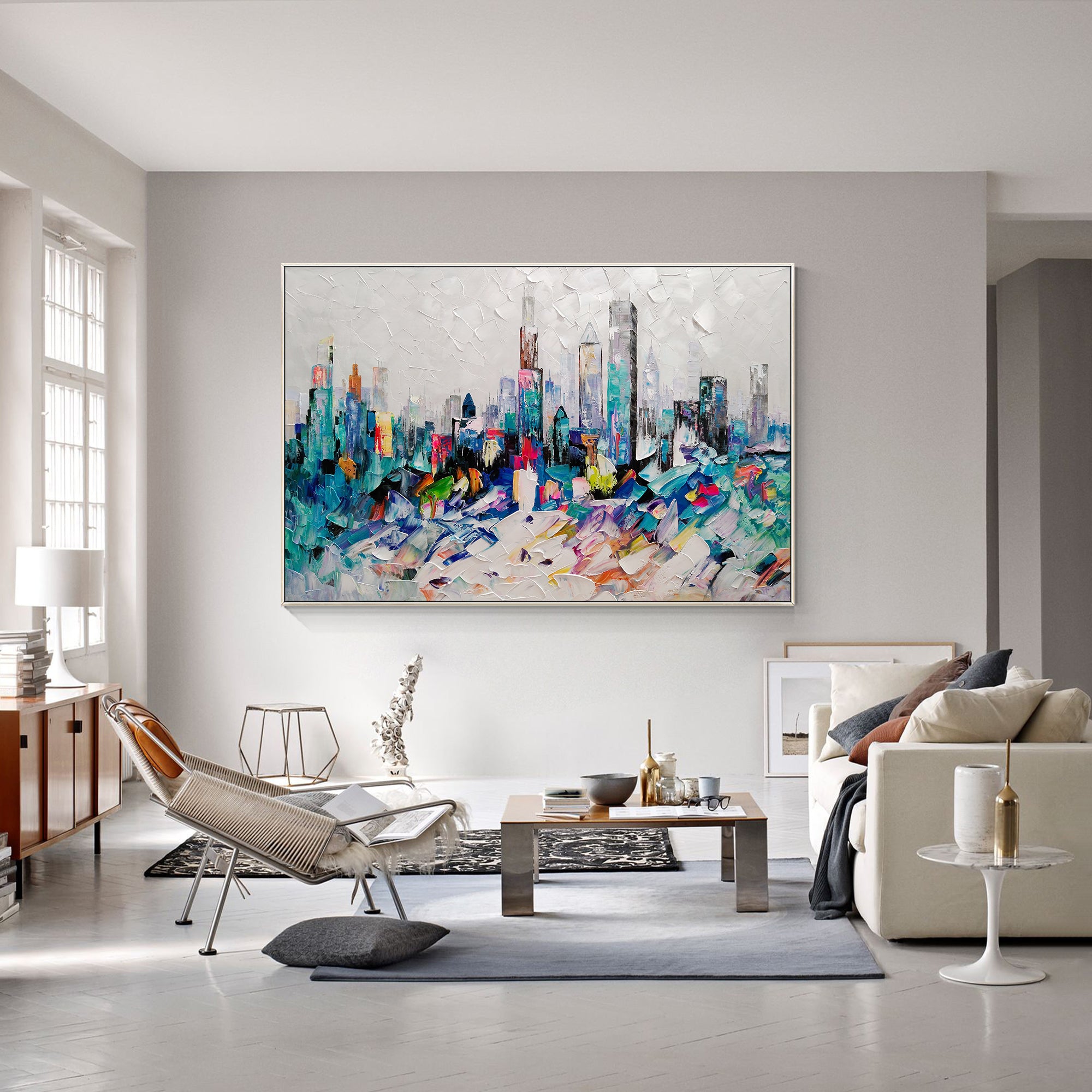 Chicago skyline oil painting Teal Colorful Art