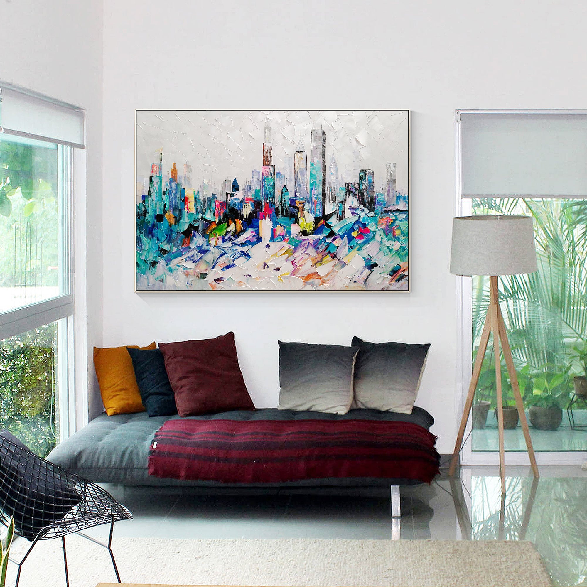 Chicago skyline oil painting Teal Colorful Art