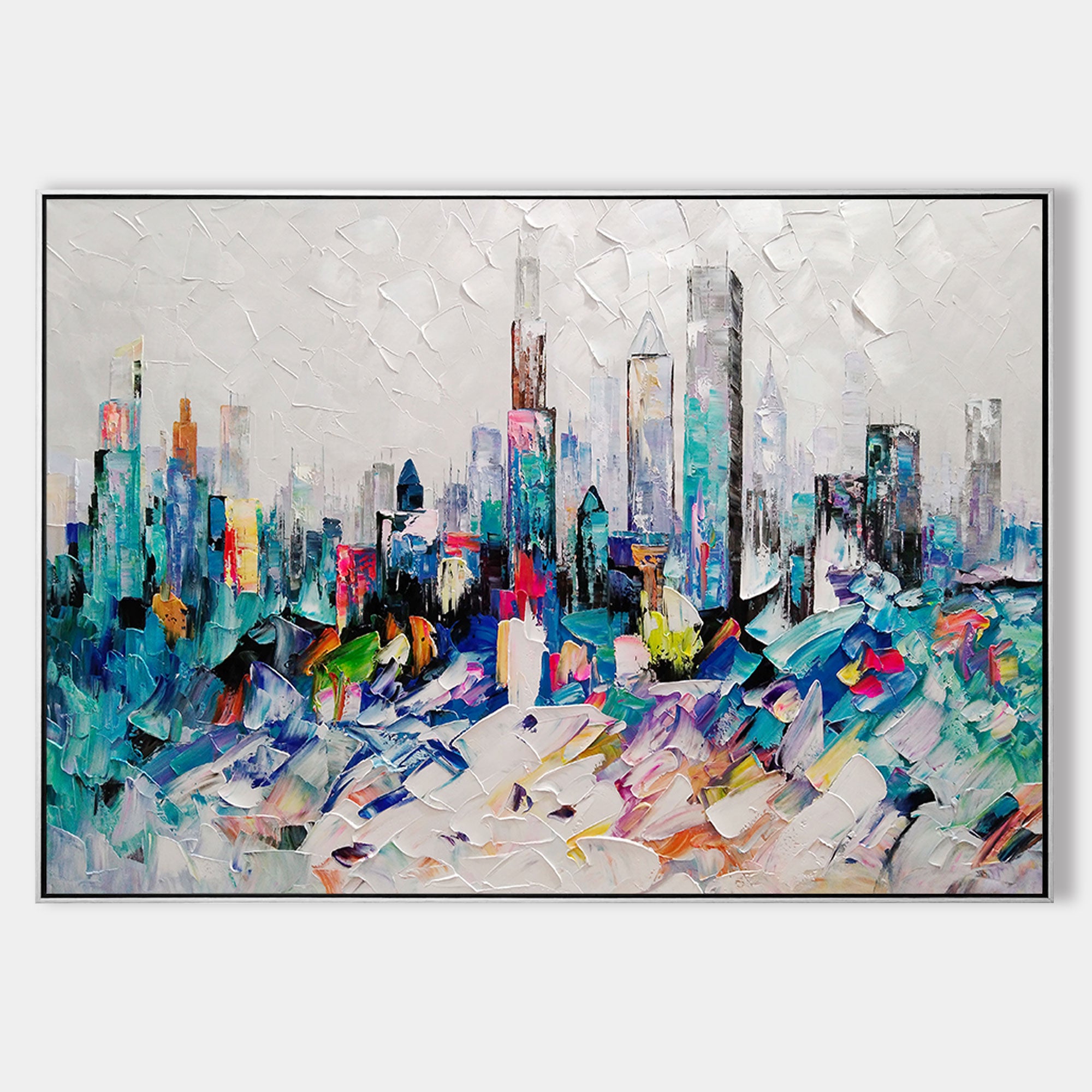 Chicago skyline oil painting Teal Colorful Art