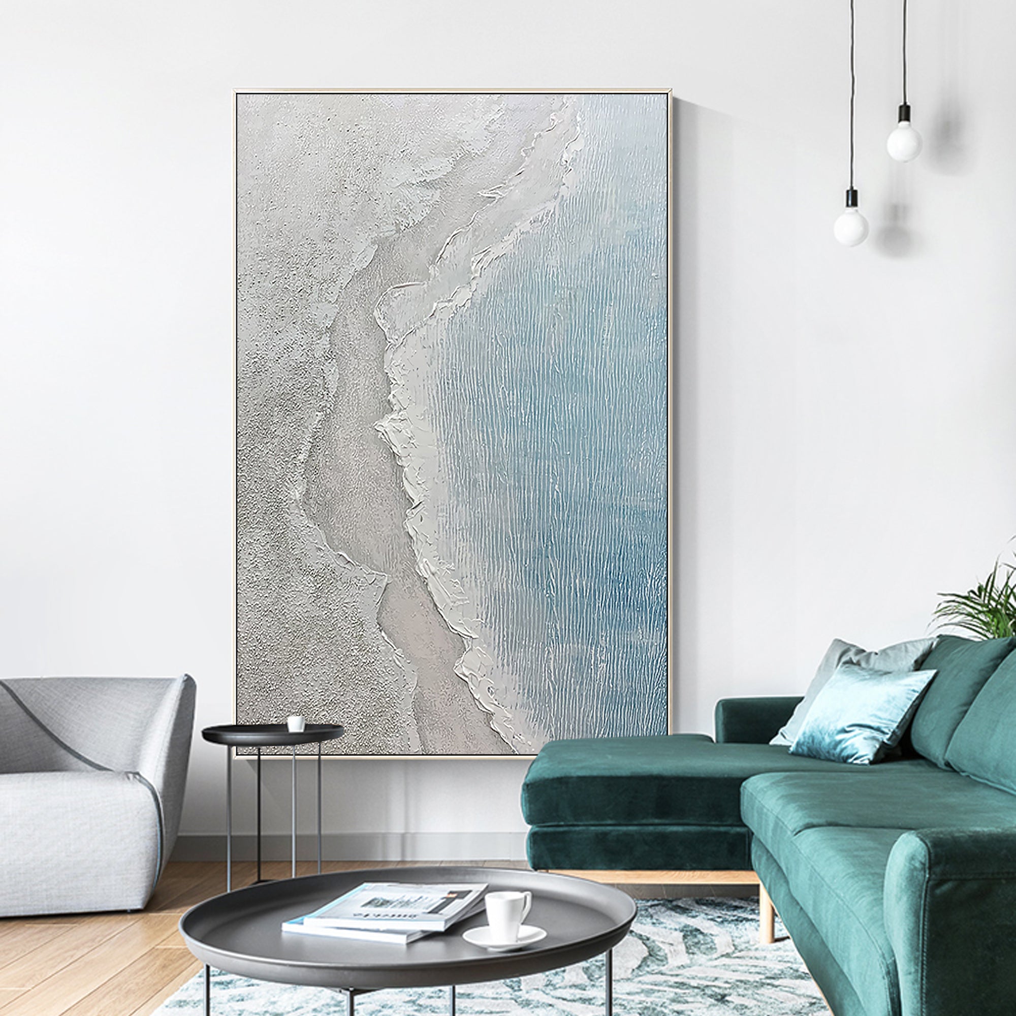 Coastal Beach Painting Large Light Blue Art