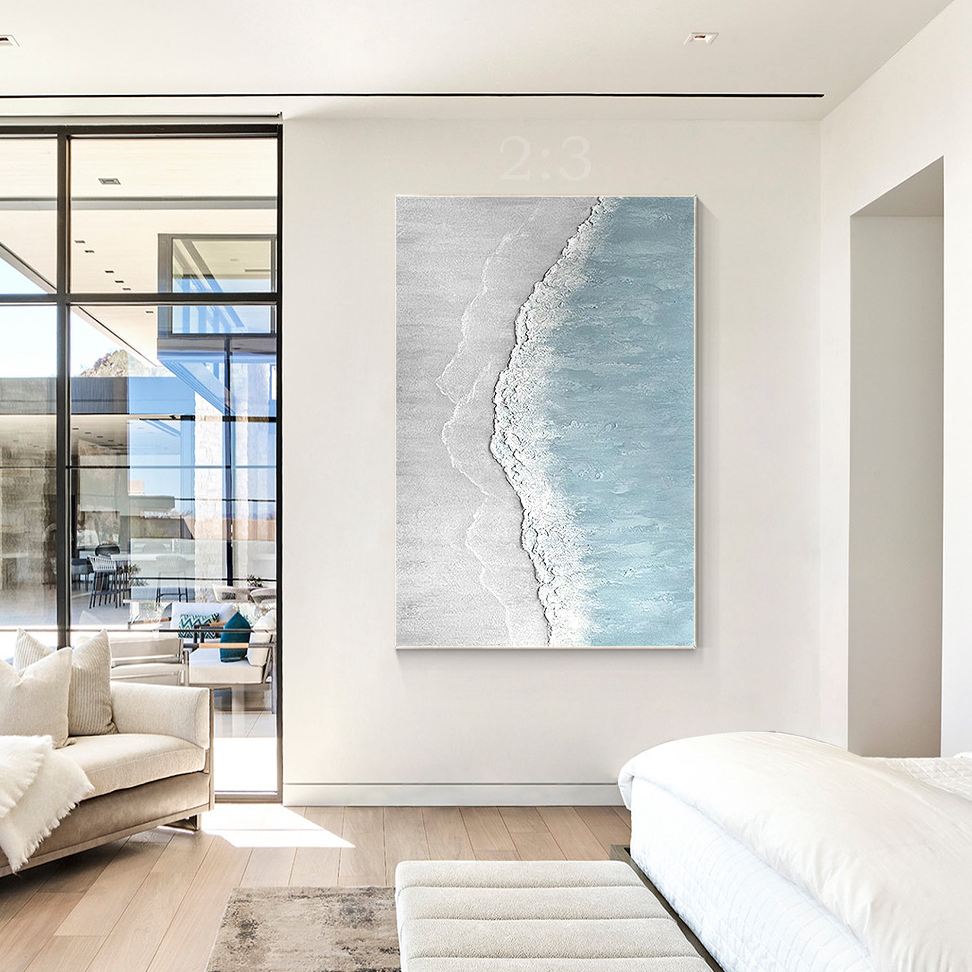 Minimalist White Beach Oil Painting on Canvas