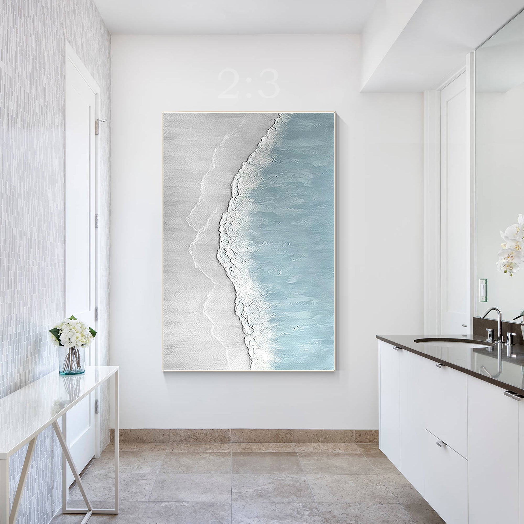 Minimalist White Beach Oil Painting on Canvas