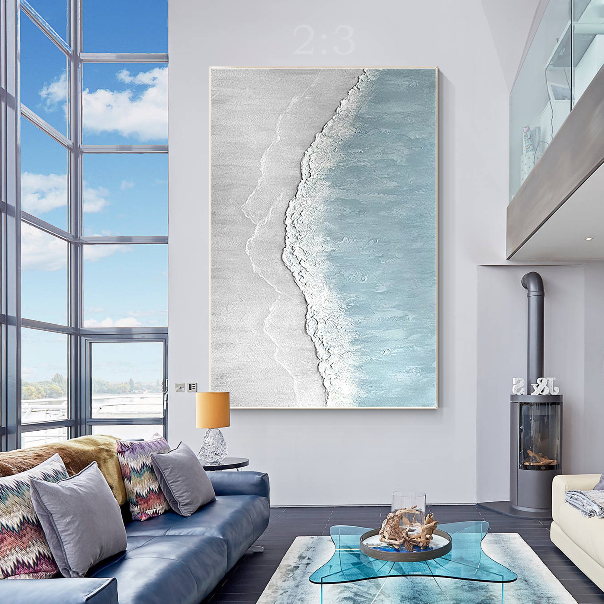 Minimalist White Beach Oil Painting on Canvas