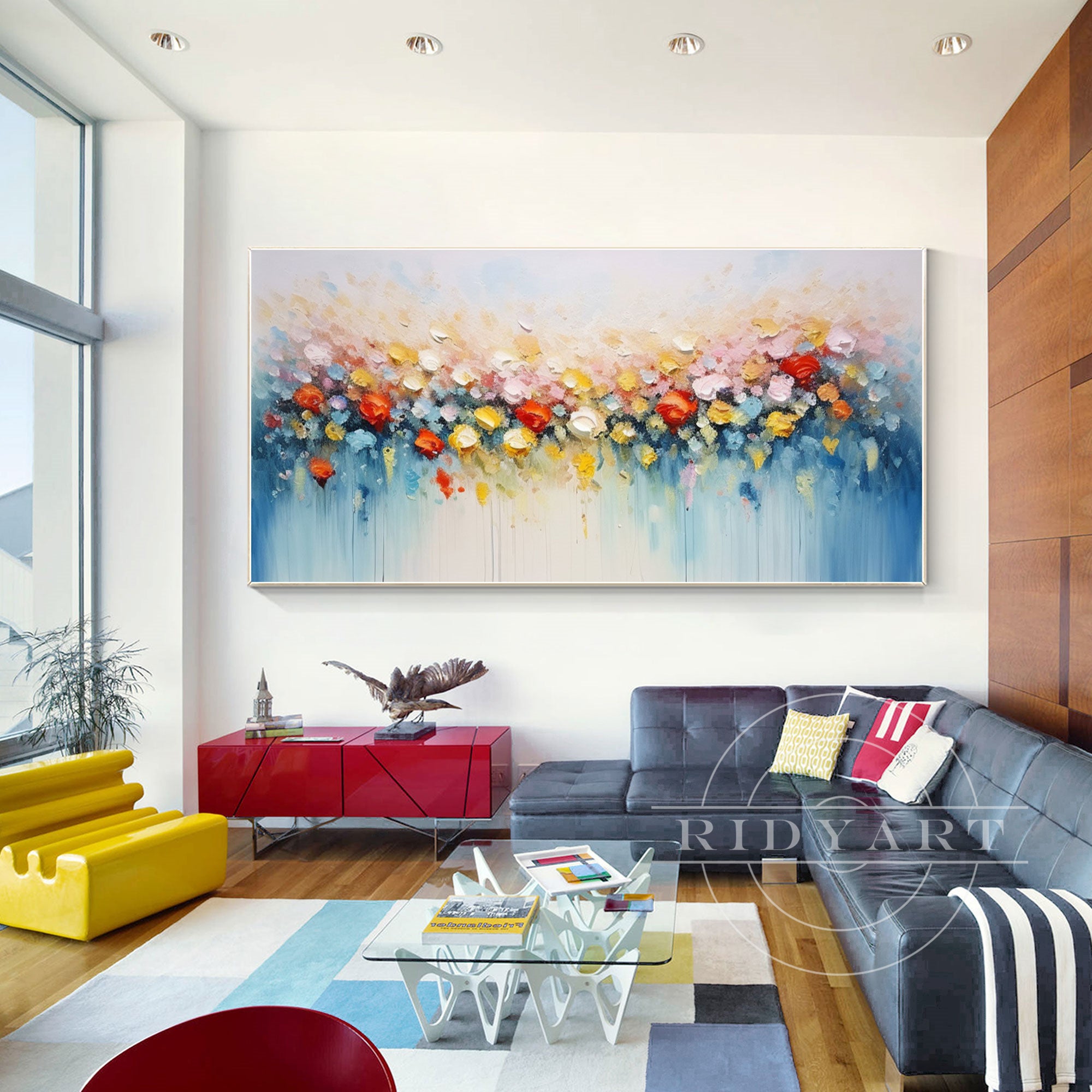 Horizontal 3D textured colorful abstract flower painting on canvas, large wall art perfect for modern home decor or vibrant living spaces.

