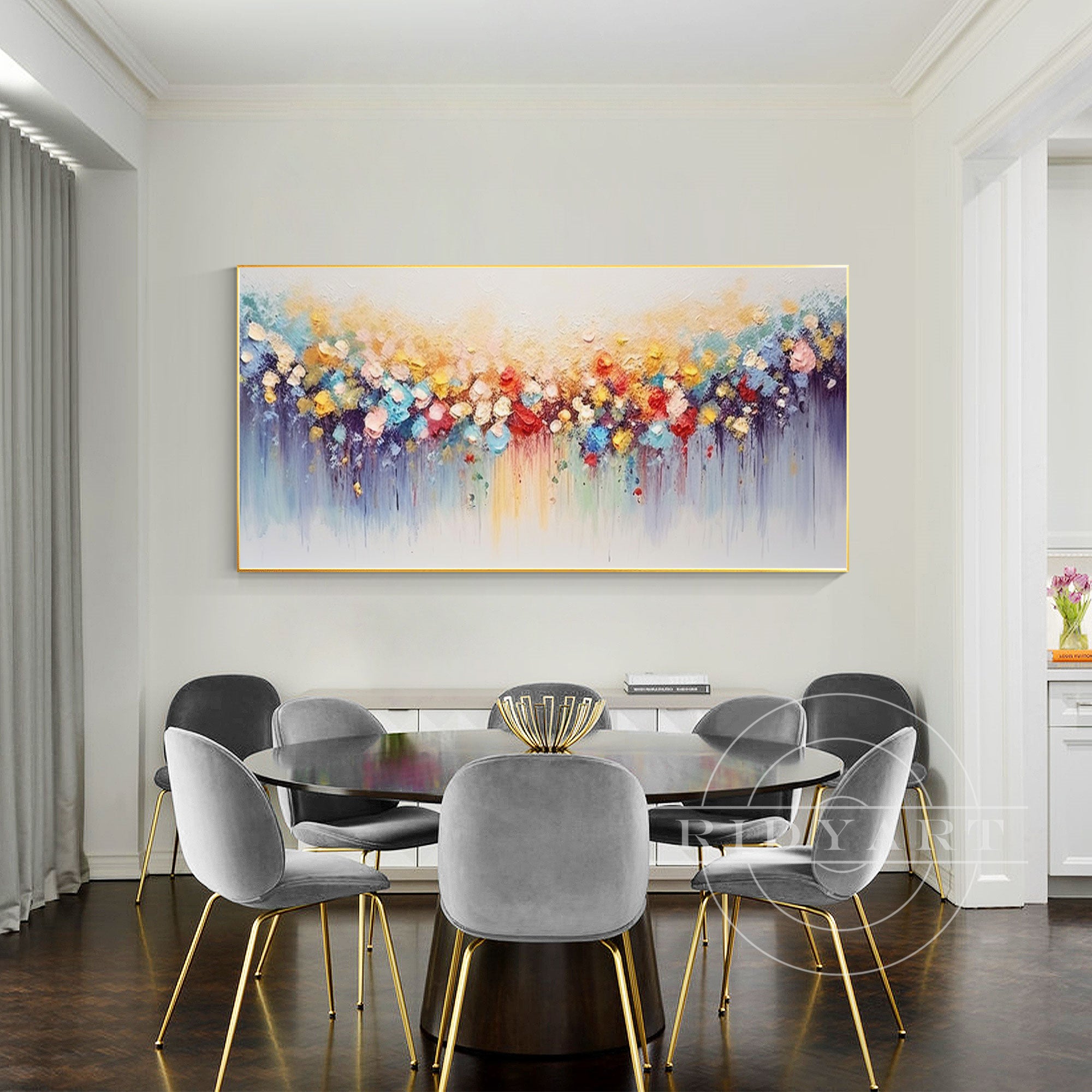 Horizontal colorful abstract flower painting with 3D texture on canvas, large wall art for modern interiors or vibrant home decor.

