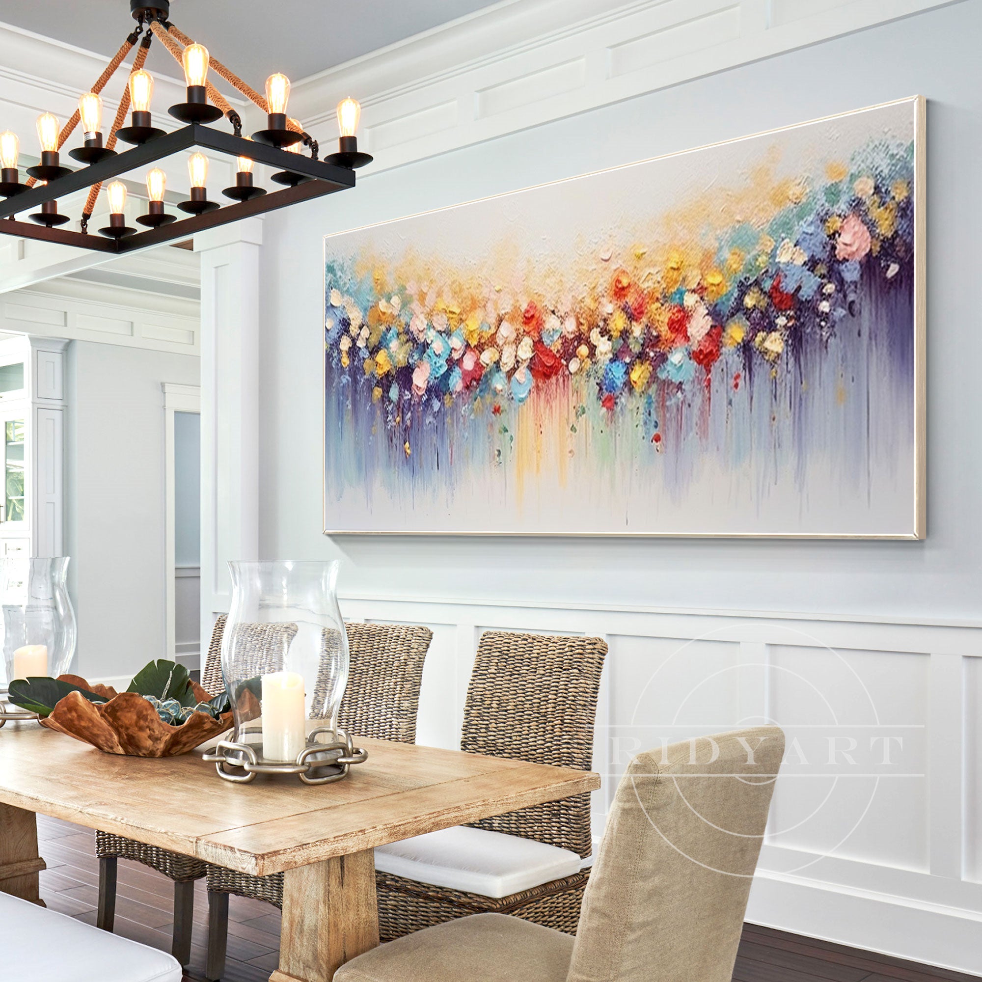 Horizontal colorful abstract flower painting with 3D texture on canvas, large wall art for modern interiors or vibrant home decor.

