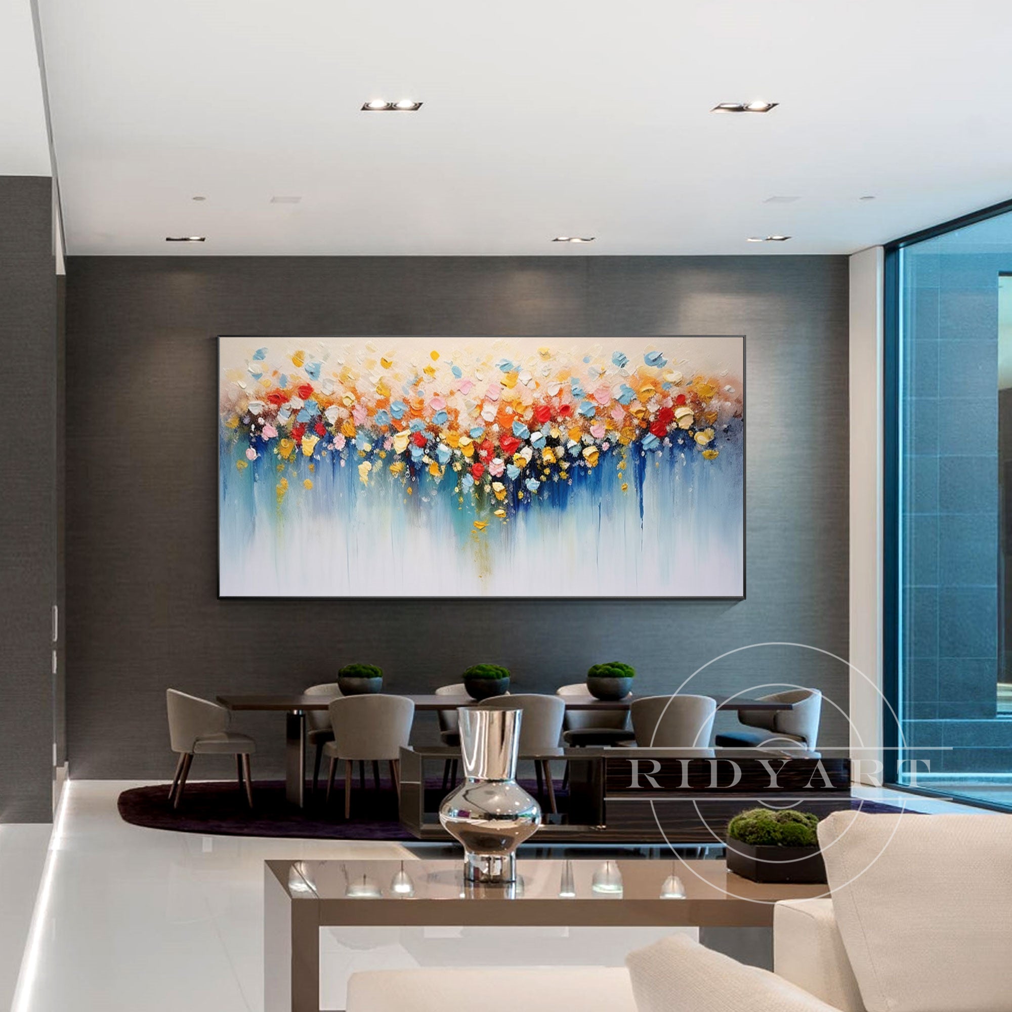 Horizontal 3D textured painting of colorful blooming flowers on canvas, large wall art ideal for modern home decor or living room interiors.

