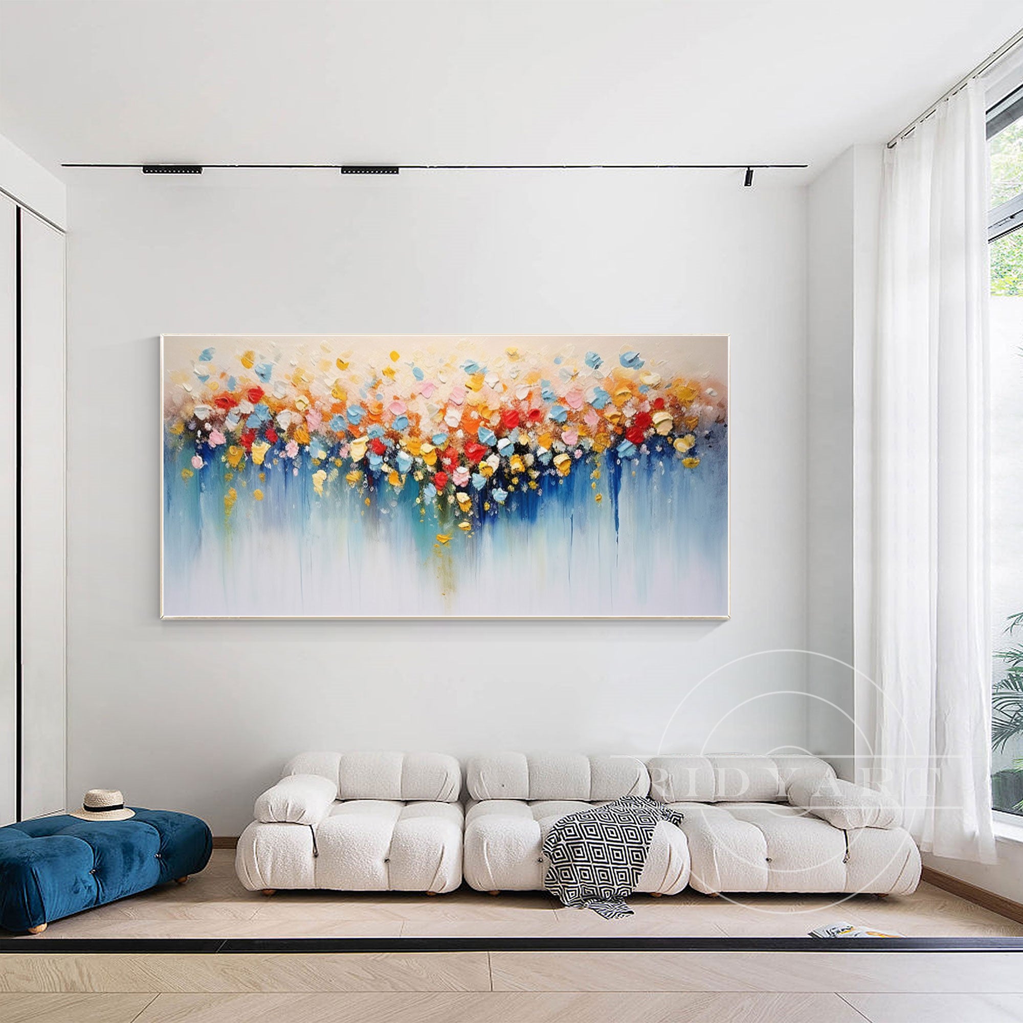Horizontal 3D textured painting of colorful blooming flowers on canvas, large wall art ideal for modern home decor or living room interiors.


