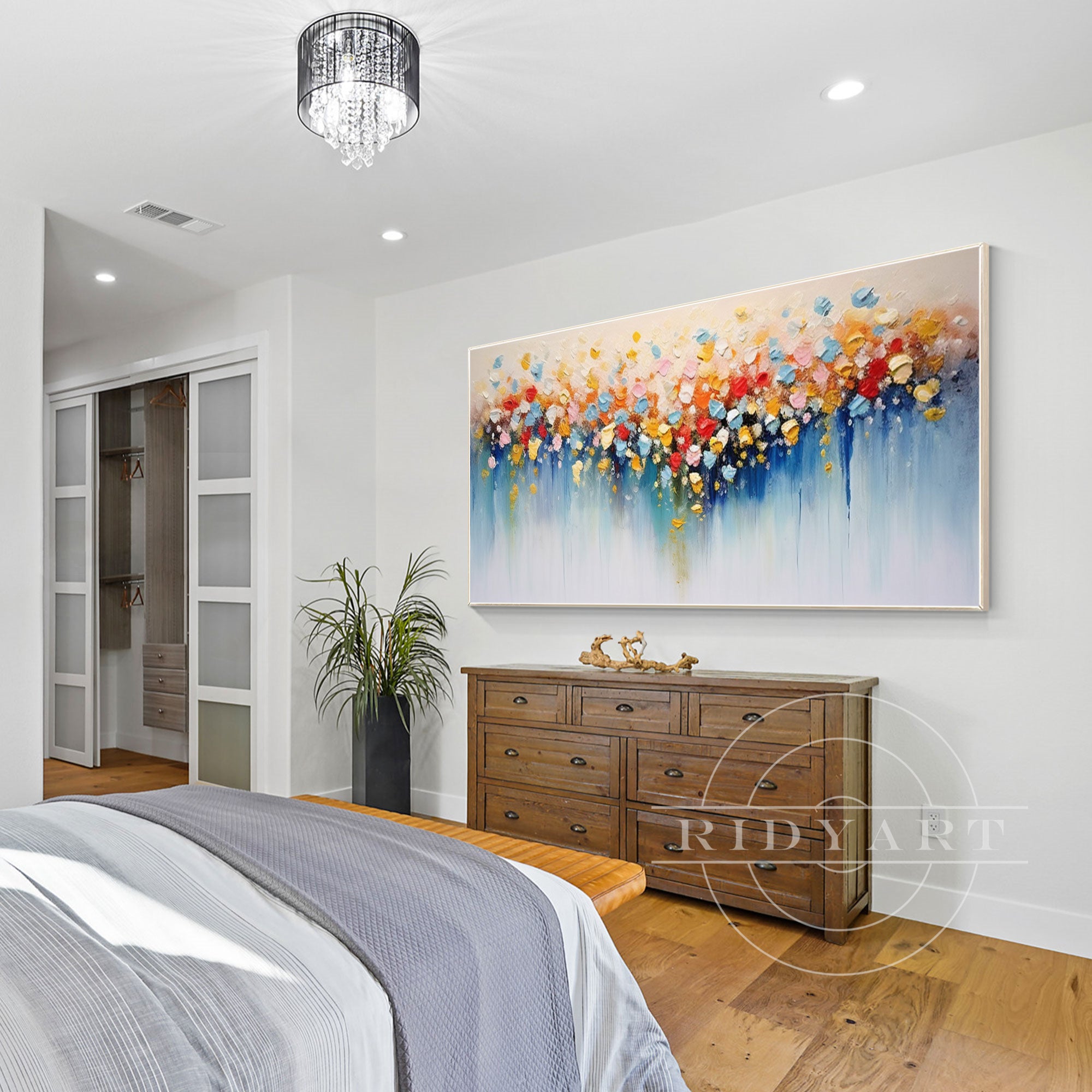 Horizontal 3D textured painting of colorful blooming flowers on canvas, large wall art ideal for modern home decor or living room interiors.

