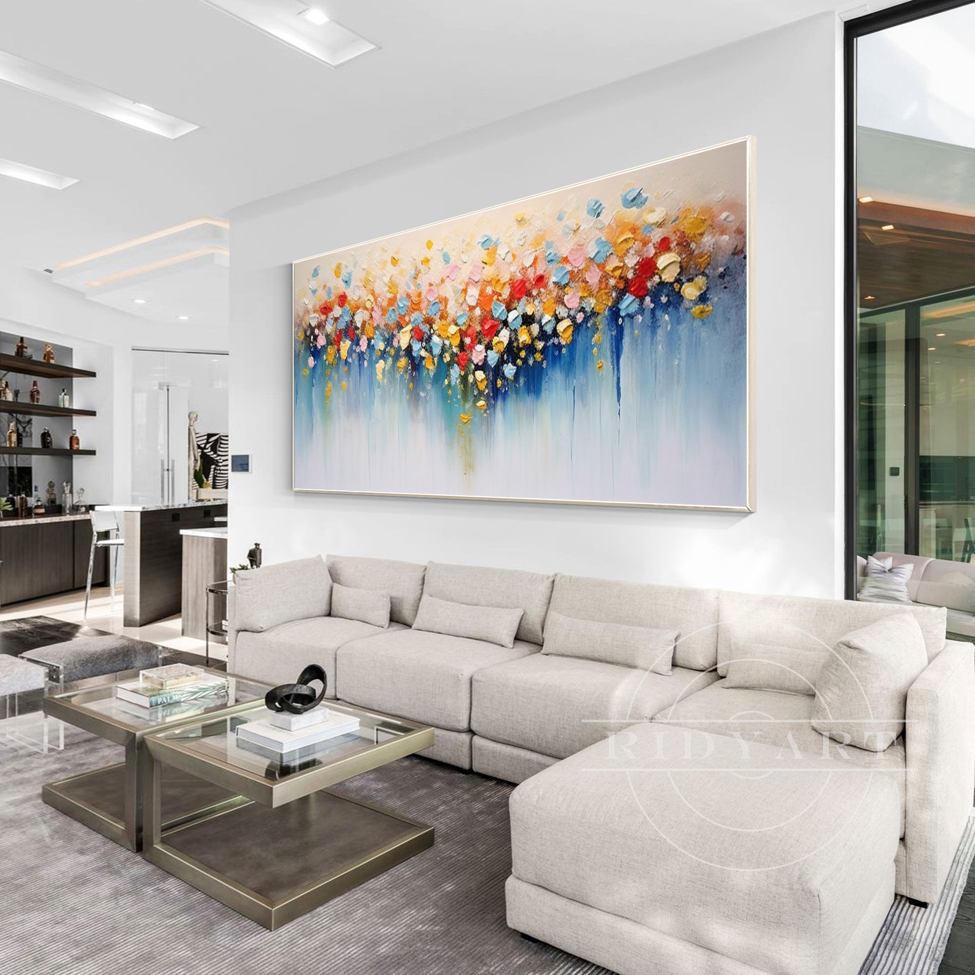 Horizontal 3D textured painting of colorful blooming flowers on canvas, large wall art ideal for modern home decor or living room interiors.

