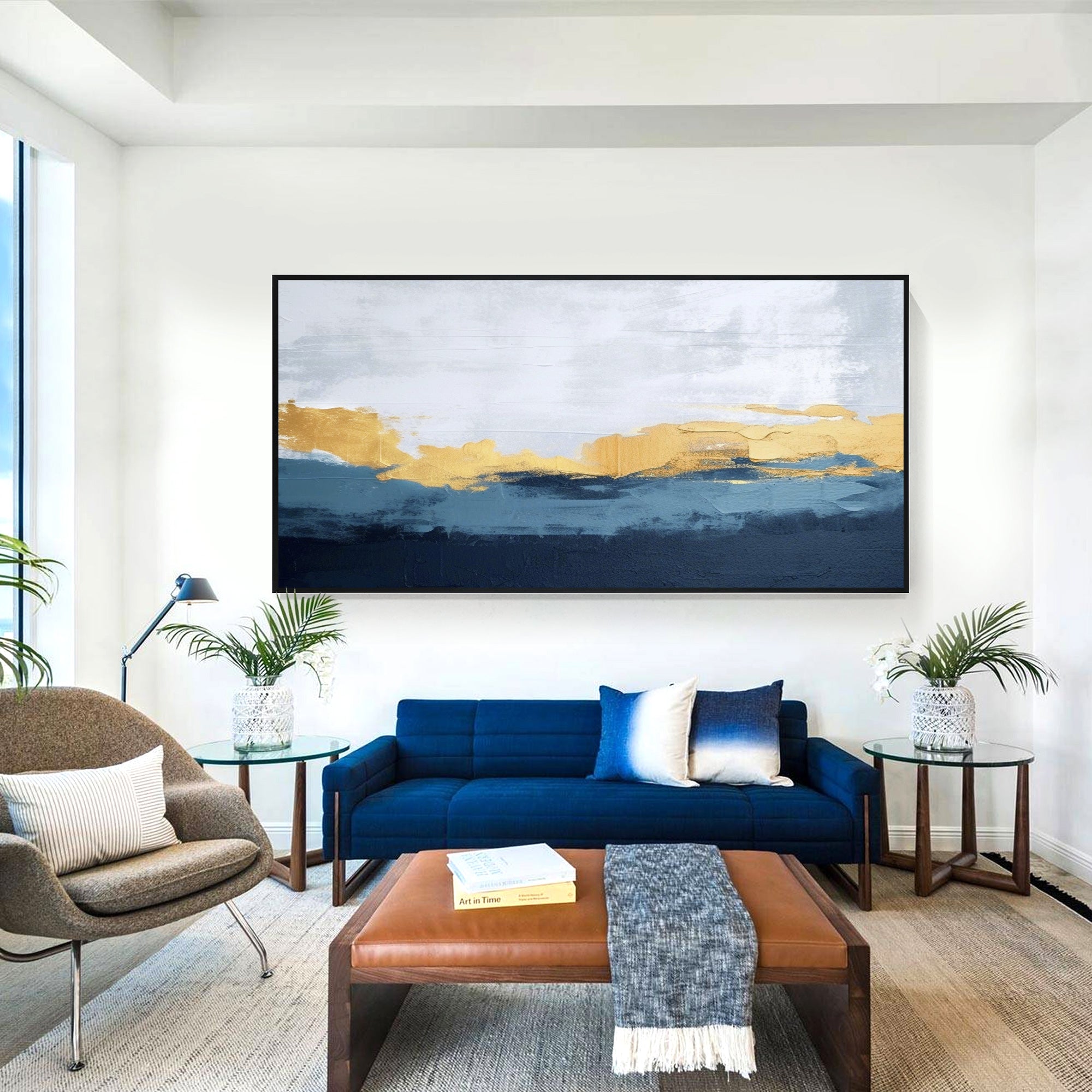 Navy Blue Ocean With Gold Leaf Abstract Oil Painting