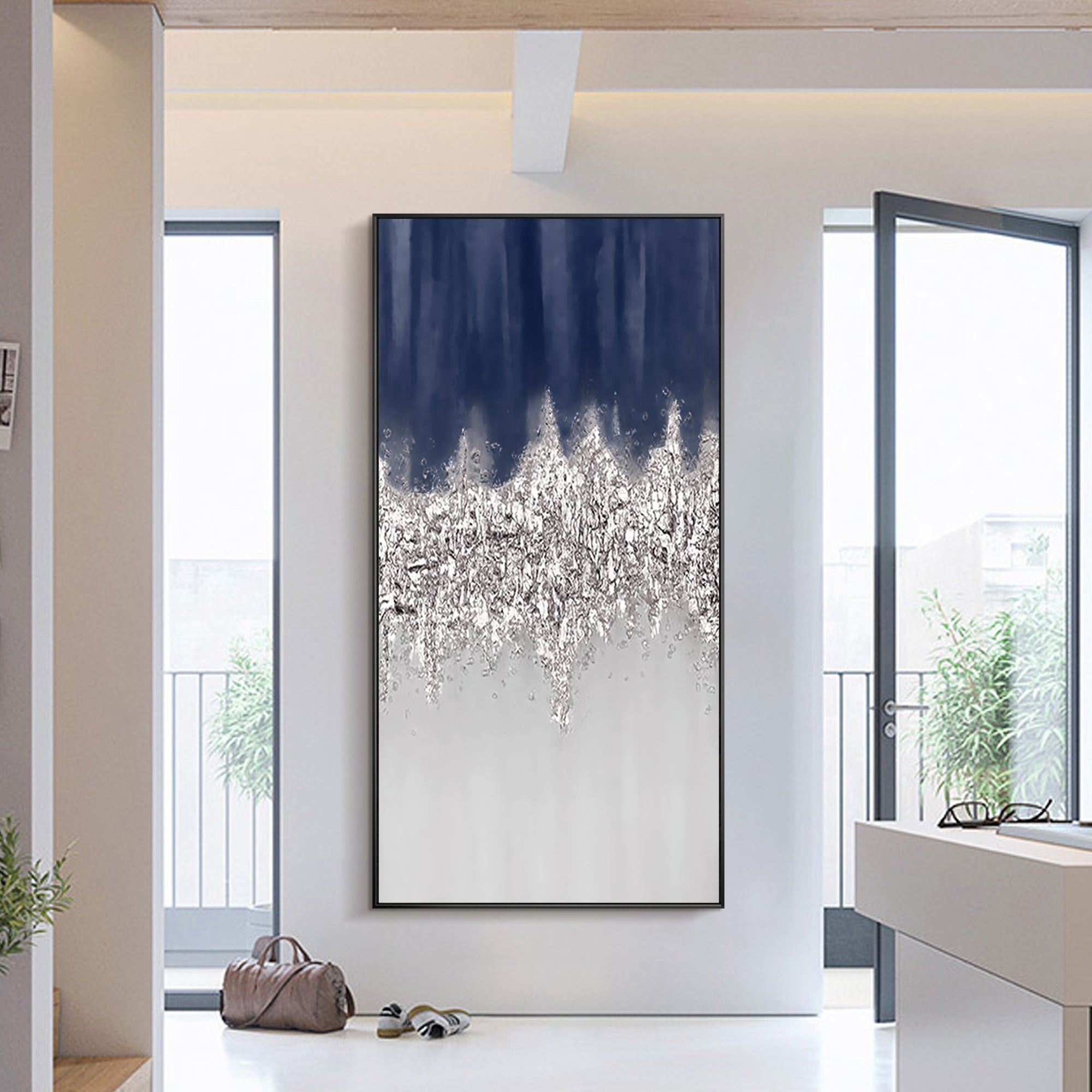 Navy Blue Silver Abstract Oil Painting