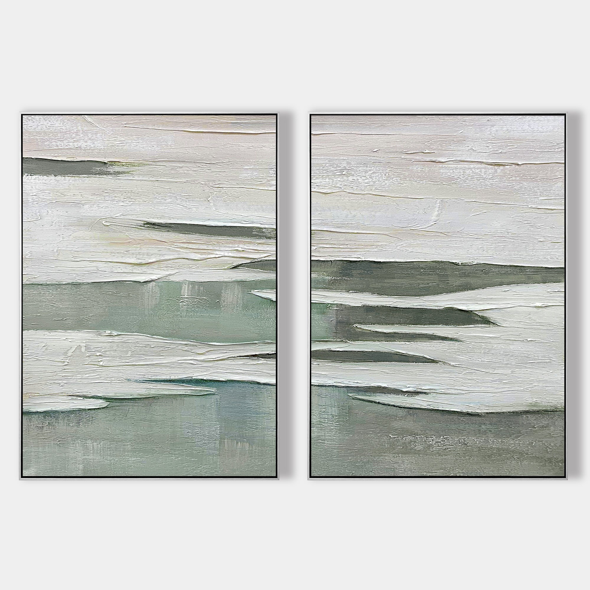 Sage Green Abstract Lake Painting on Canvas