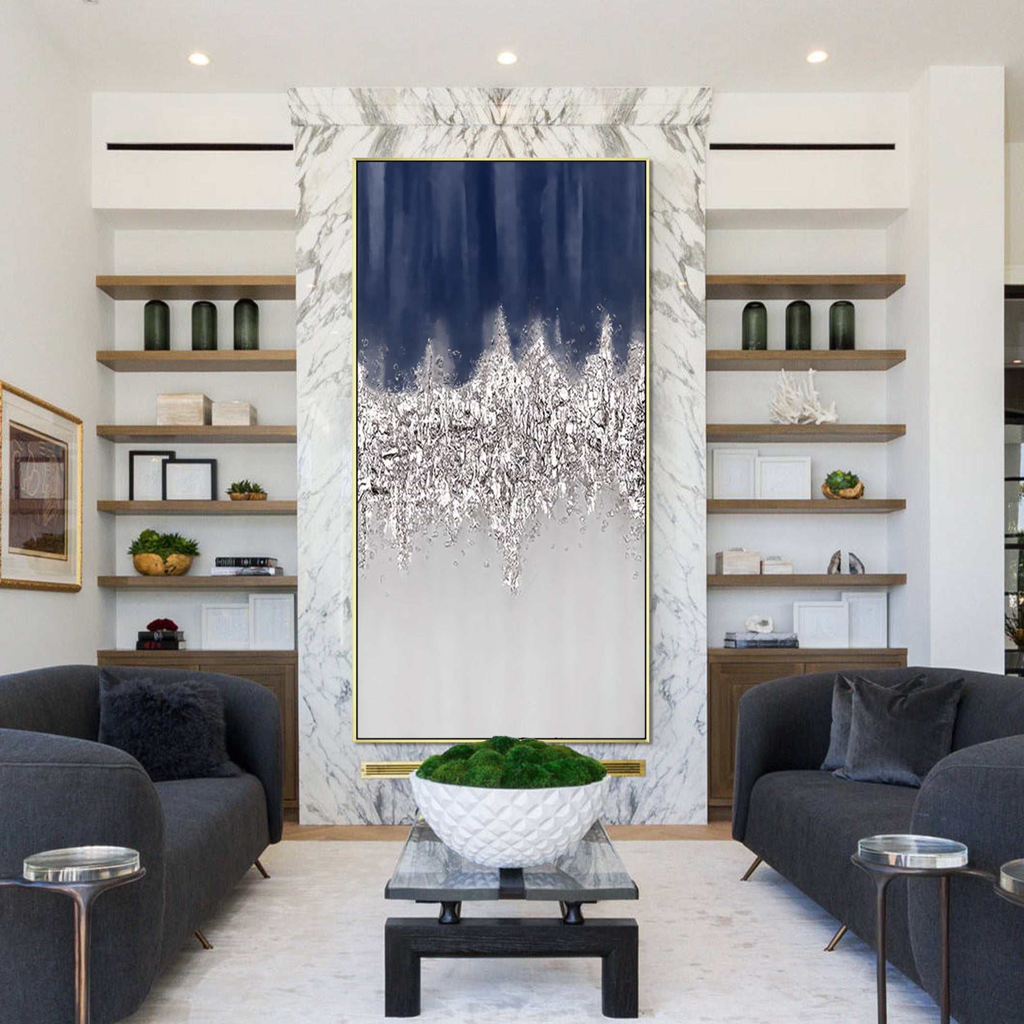 Navy Blue Silver Abstract Oil Painting