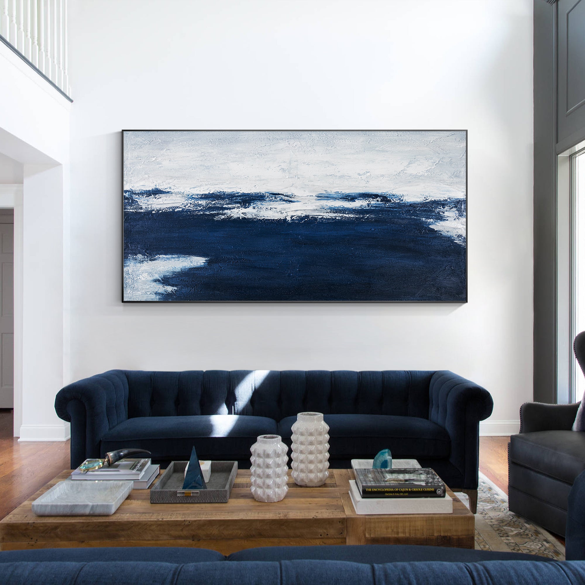 Navy Blue Abstract Ocean Acrylic Painting