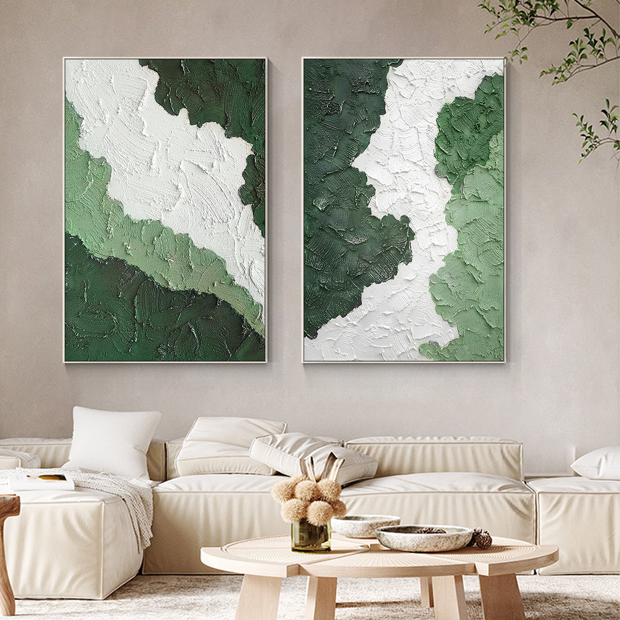 2 Pieces Sage Green Texture Abstract Oil Painting